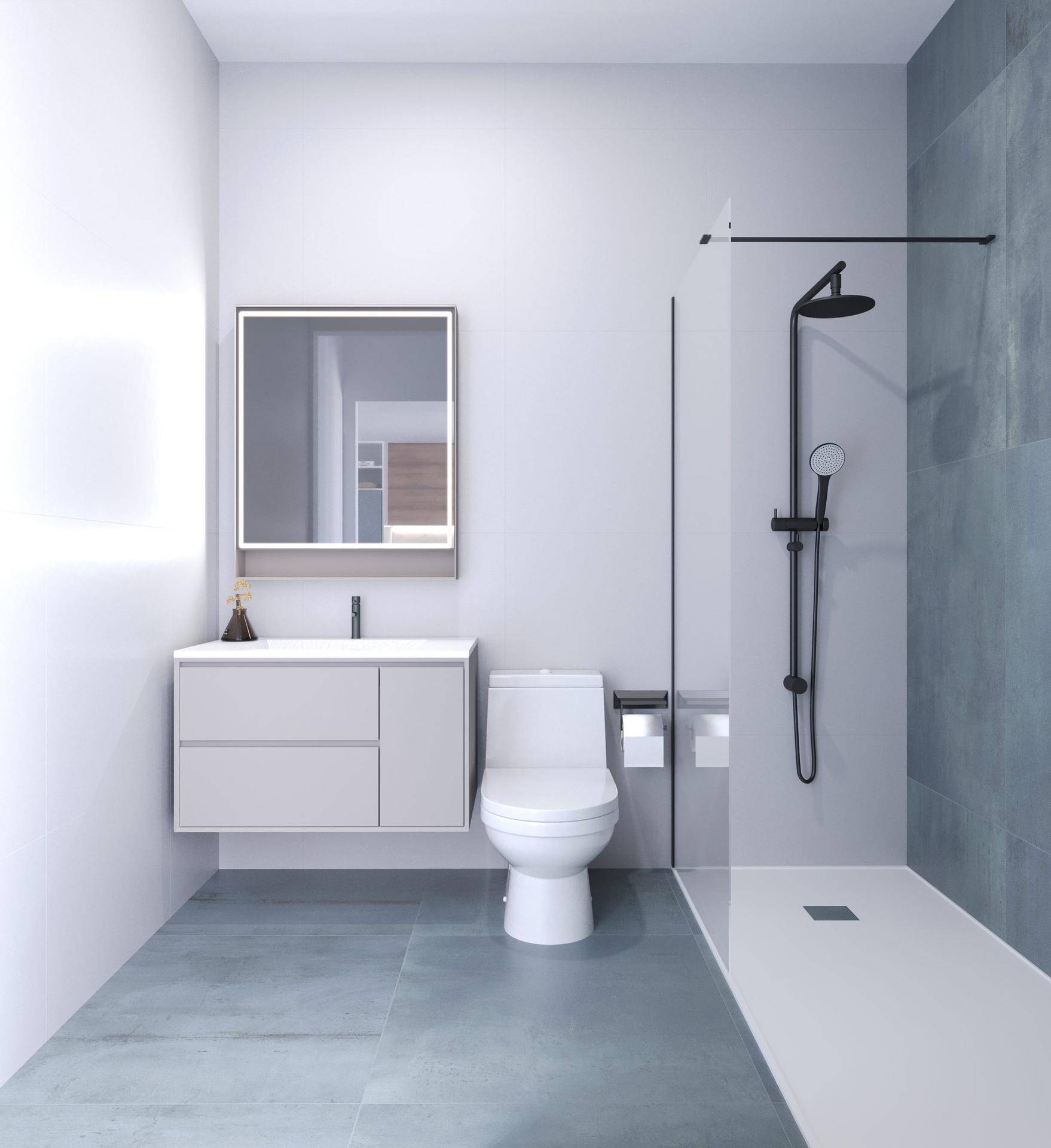 Modernes Badezimmer mit ebenerdiger Dusche, Wand-WC, Einzelwaschbecken und grauen Fliesen.
