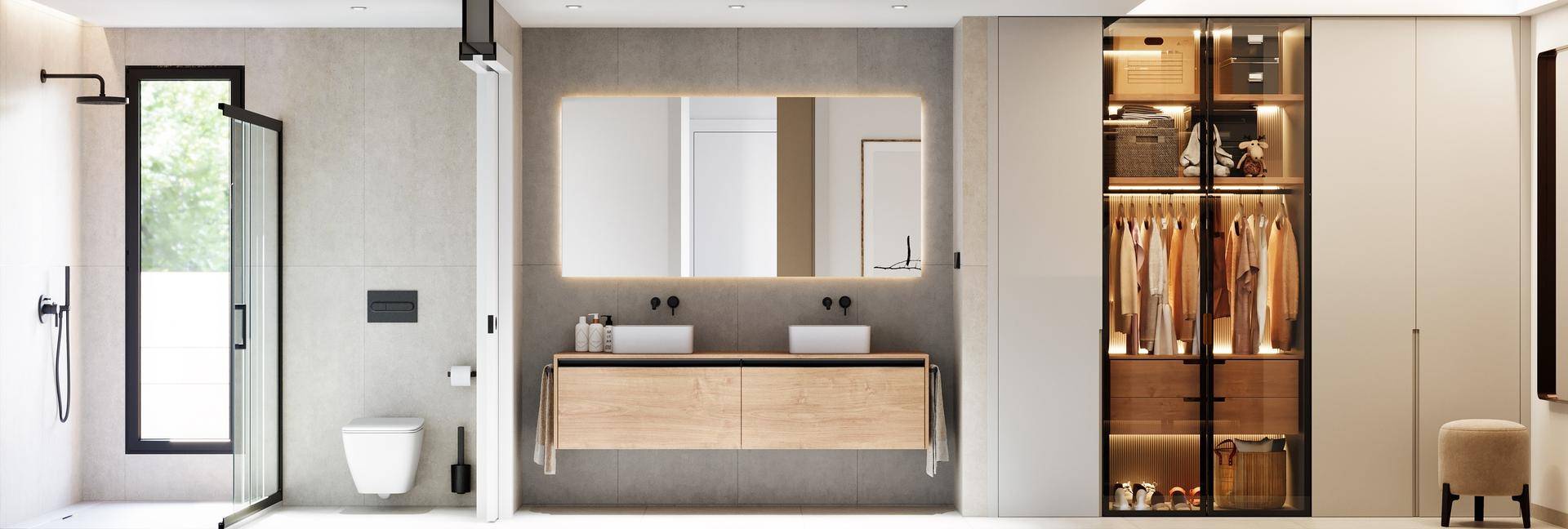 Geräumiges modernes Badezimmer mit Doppelwaschbecken, Dusche und offenem Ankleidebereich.