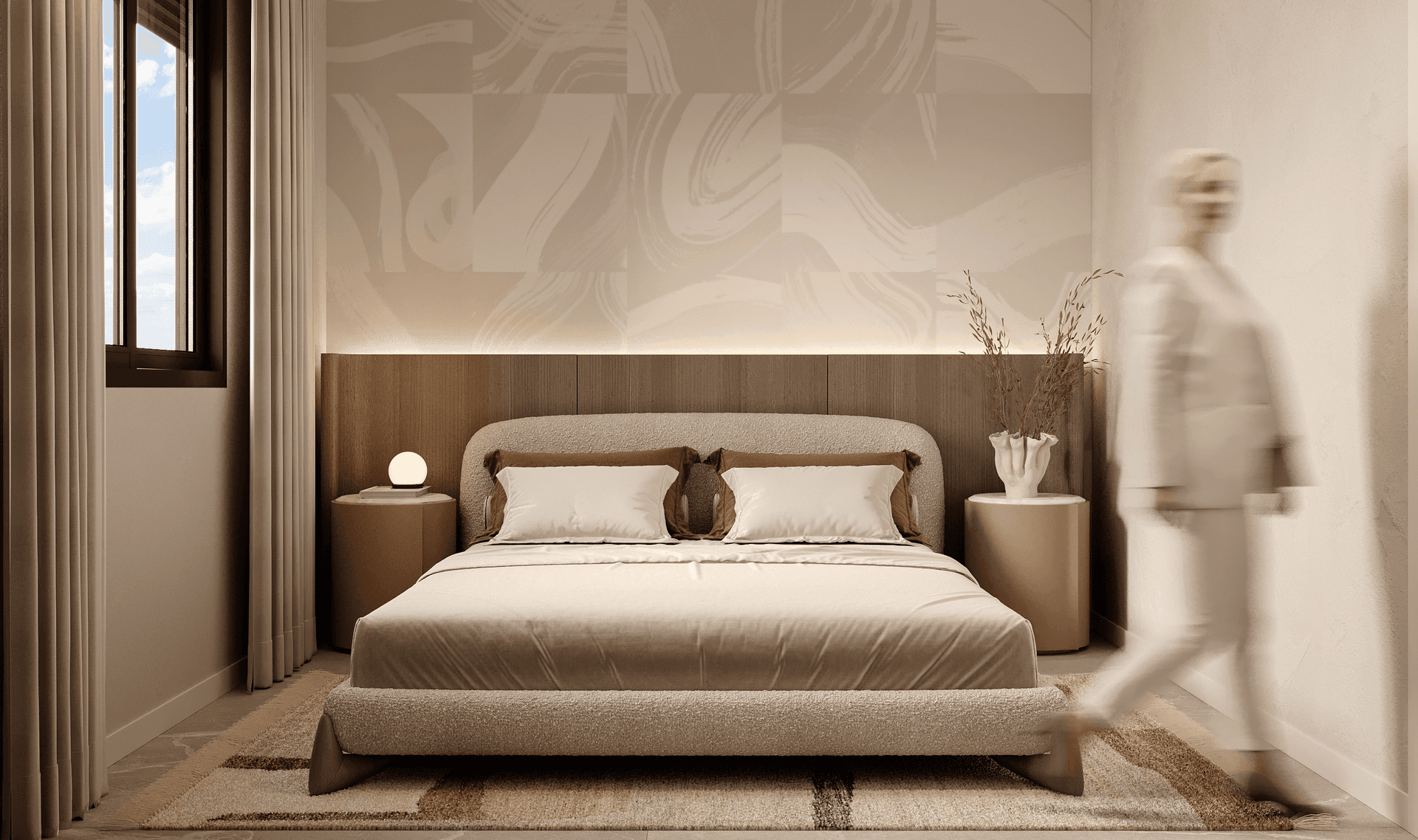 Modernes Schlafzimmer mit Doppelbett, stilvoller Wandgestaltung und indirekter Beleuchtung.