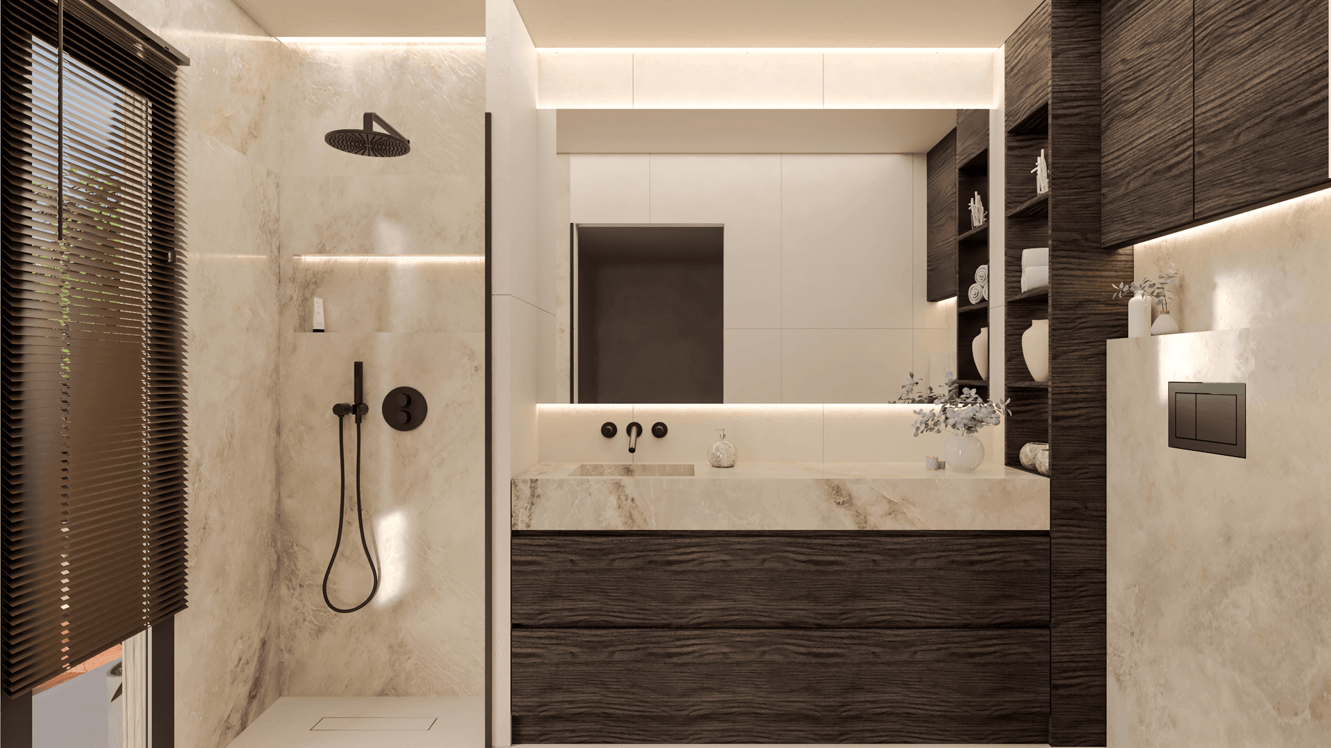Elegantes Badezimmer mit Marmorwaschtisch, begehbarer Dusche und dunklen Holzschränken.