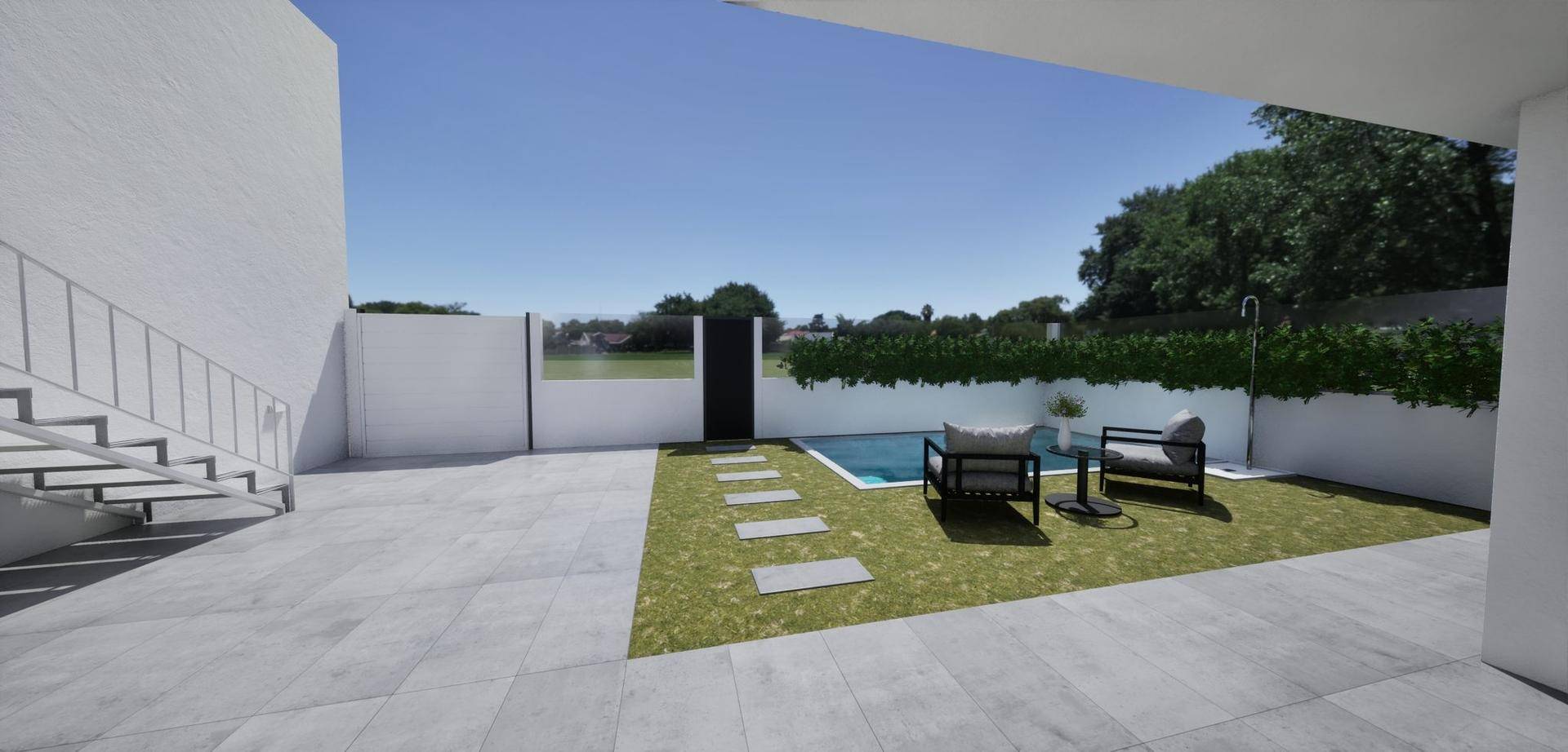 Große geflieste Terrasse mit Pool, Sitzbereich und weitem Blick ins Grüne.