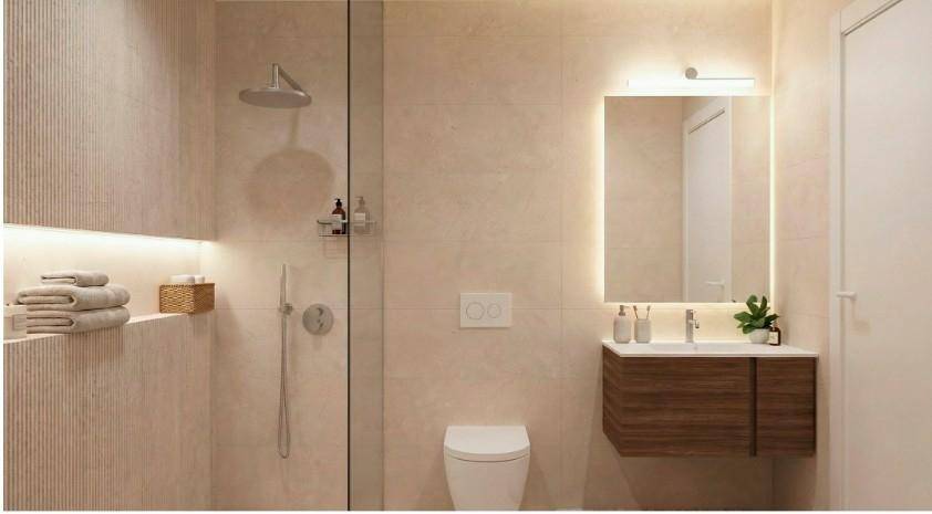 Elegantes Badezimmer mit begehbarer Dusche, schwebendem Waschtisch und integrierter Beleuchtung.