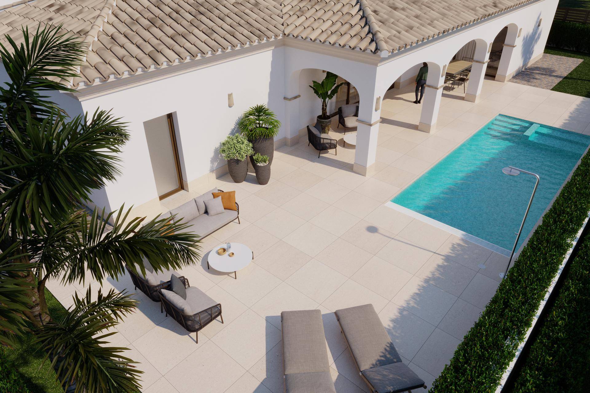 Vogelperspektive der modernen Villa mit weitläufiger Terrasse, großem Pool und üppiger Bepflanzung.