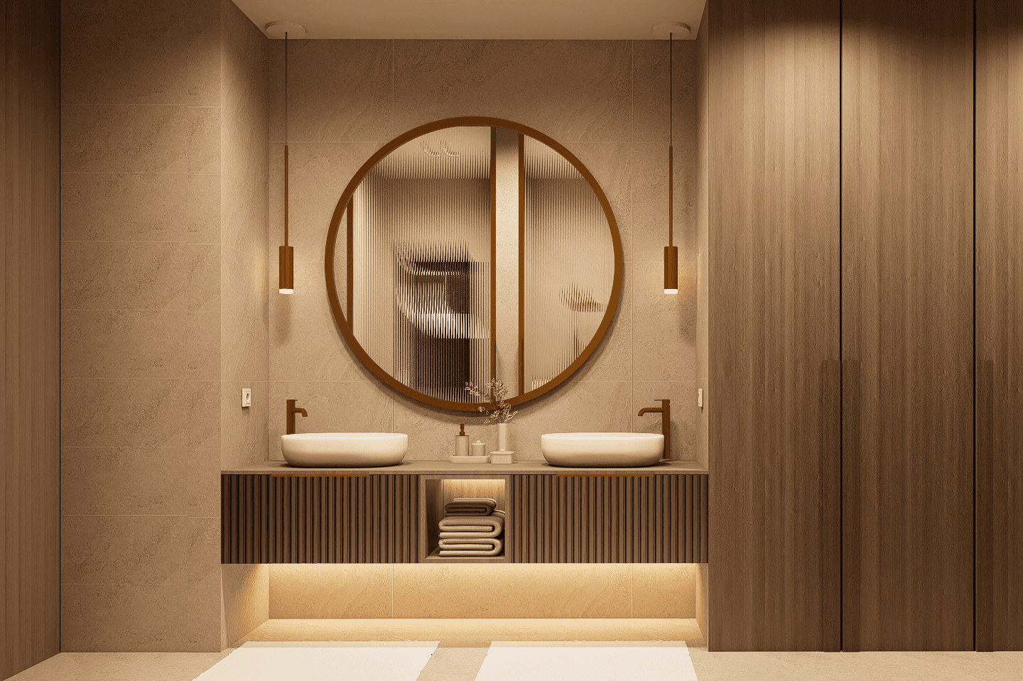 Elegantes Badezimmer mit Doppelwaschbecken, großem runden Spiegel und stilvollen Holzverkleidungen.