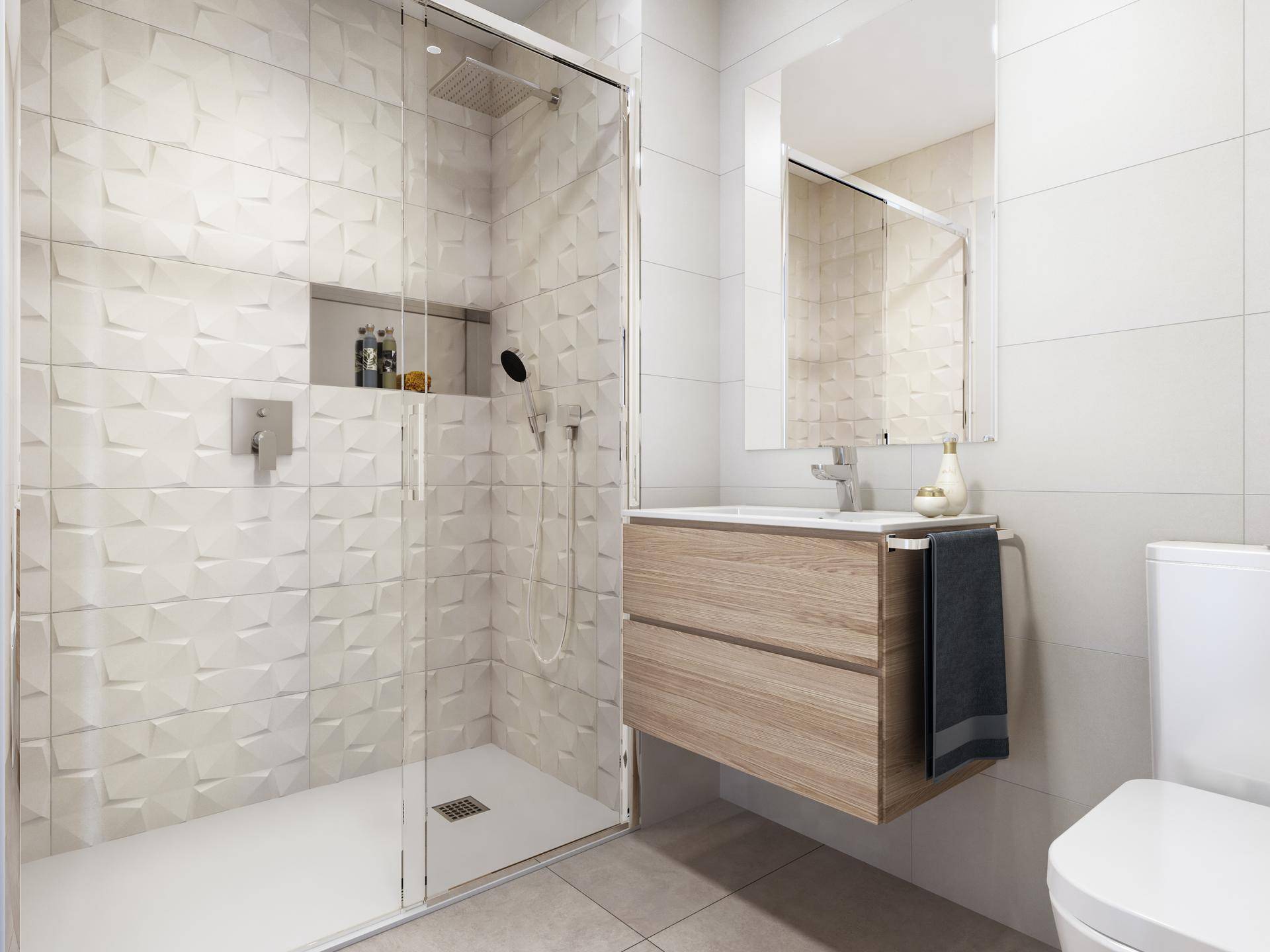 Modernes Badezimmer mit begehbarer Dusche, schwebendem Waschtisch und stilvollen Wandfliesen.