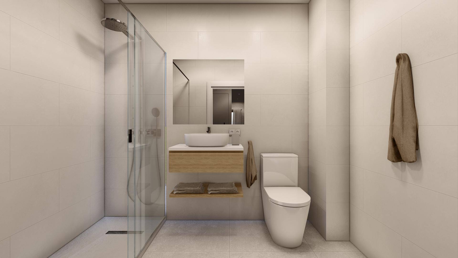 Modernes Badezimmer mit ebenerdiger Dusche, wandhängendem WC und minimalistischem Design.