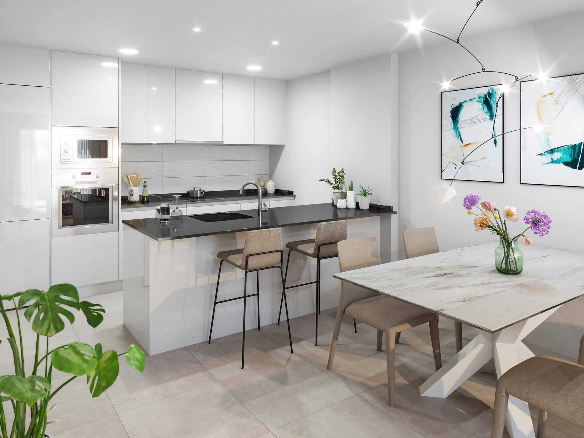 Moderne, helle Küche mit weißen Hochglanzschränken, Kücheninsel und angrenzendem Essbereich.
