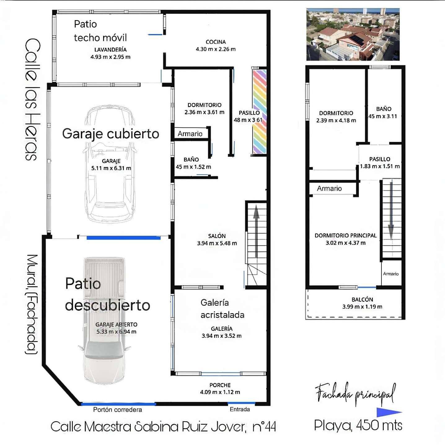 Grundriss des Hauses mit Garage, Patio und verschiedenen Zimmern auf zwei Ebenen.