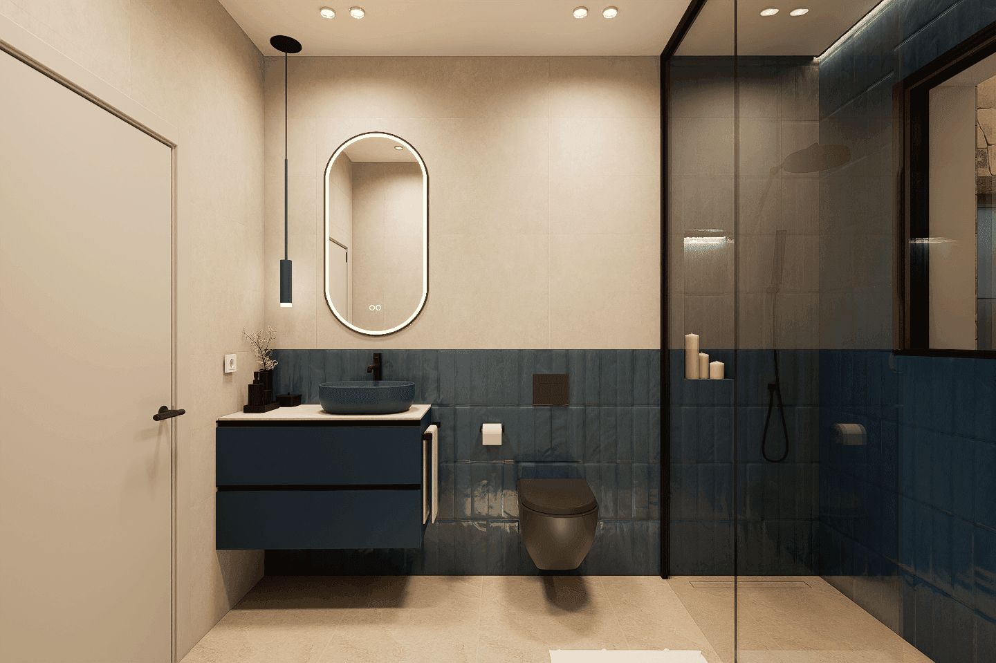 Stilvolles Badezimmer mit blauen Akzenten, modernem Waschtisch und begehbarer Dusche.