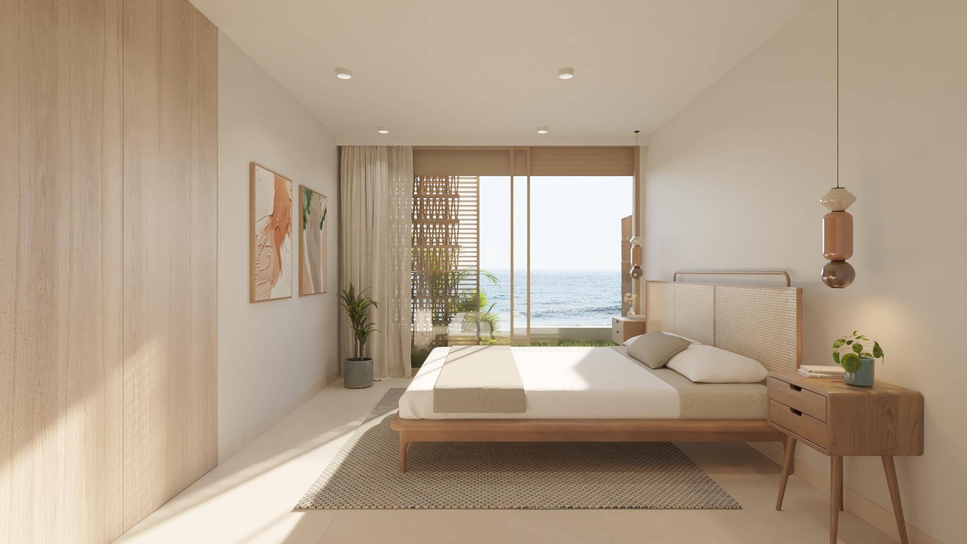 Helles Schlafzimmer mit Meerblick, großen Fenstern und moderner, minimalistischer Einrichtung.