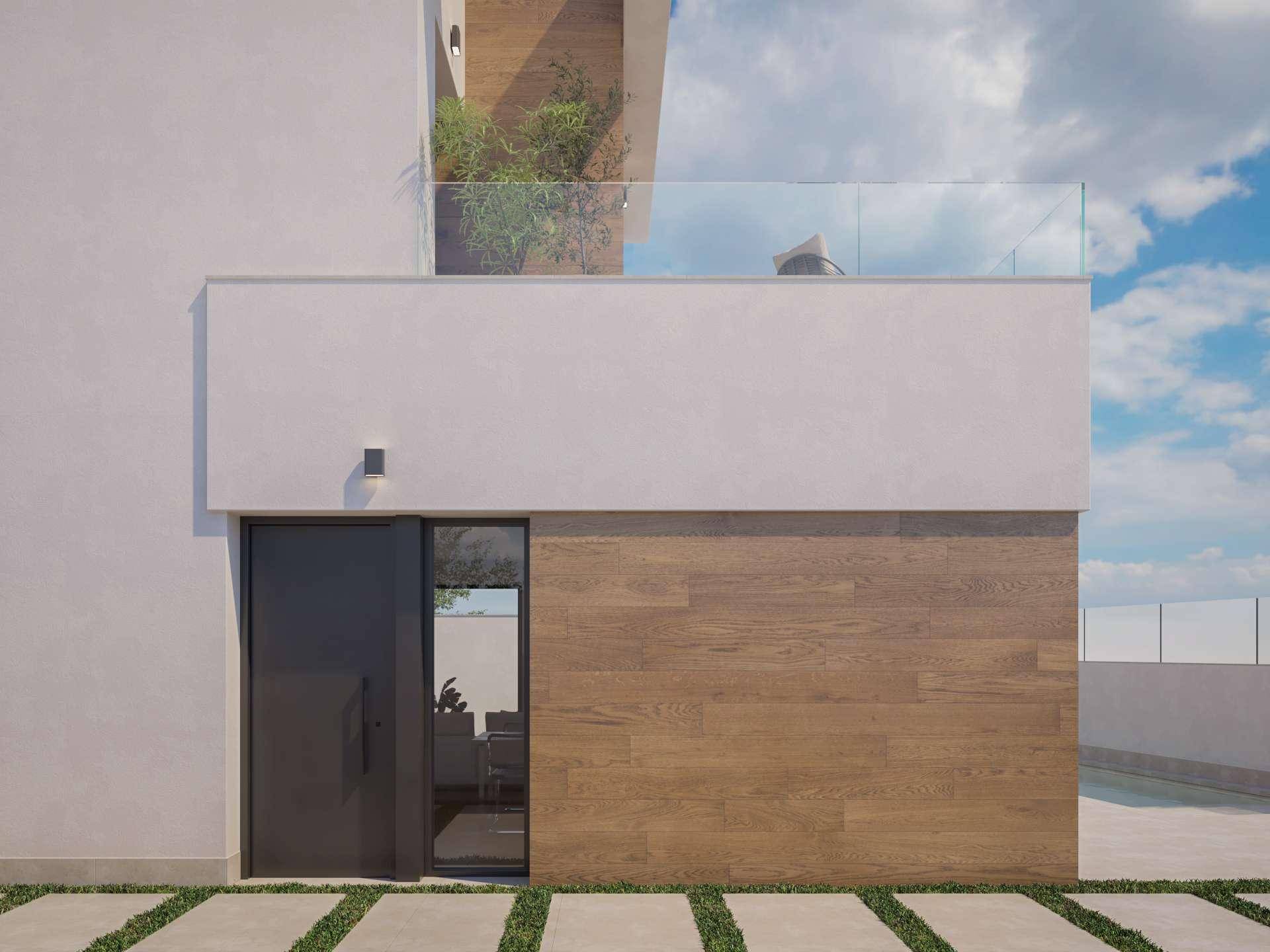 Moderner Hauseingang mit dunkler Tür und stilvoller Holzverkleidung an der Fassade.