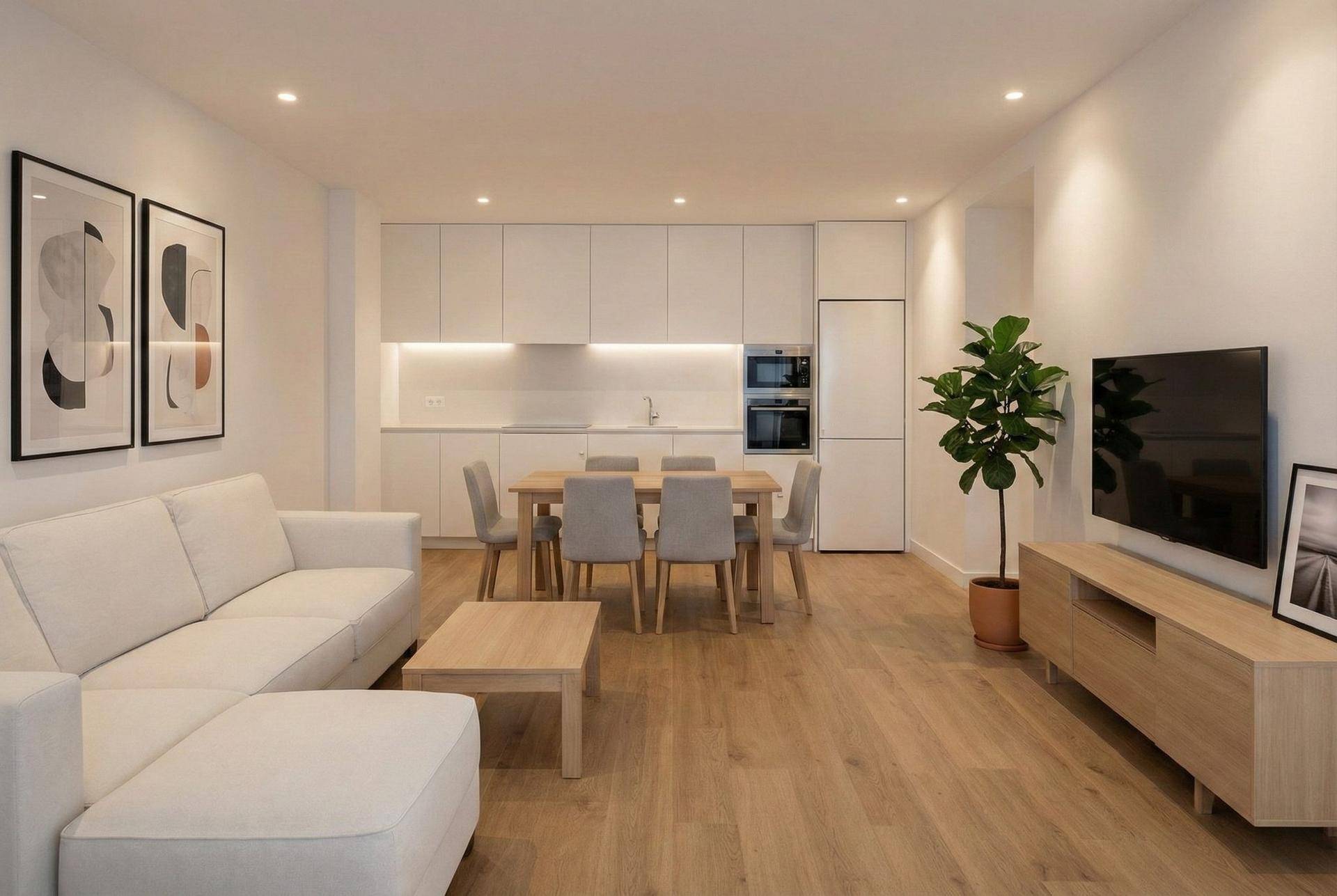 Moderner offener Wohn- und Essbereich mit weißer Küche, Holzboden und minimalistischer Einrichtung.