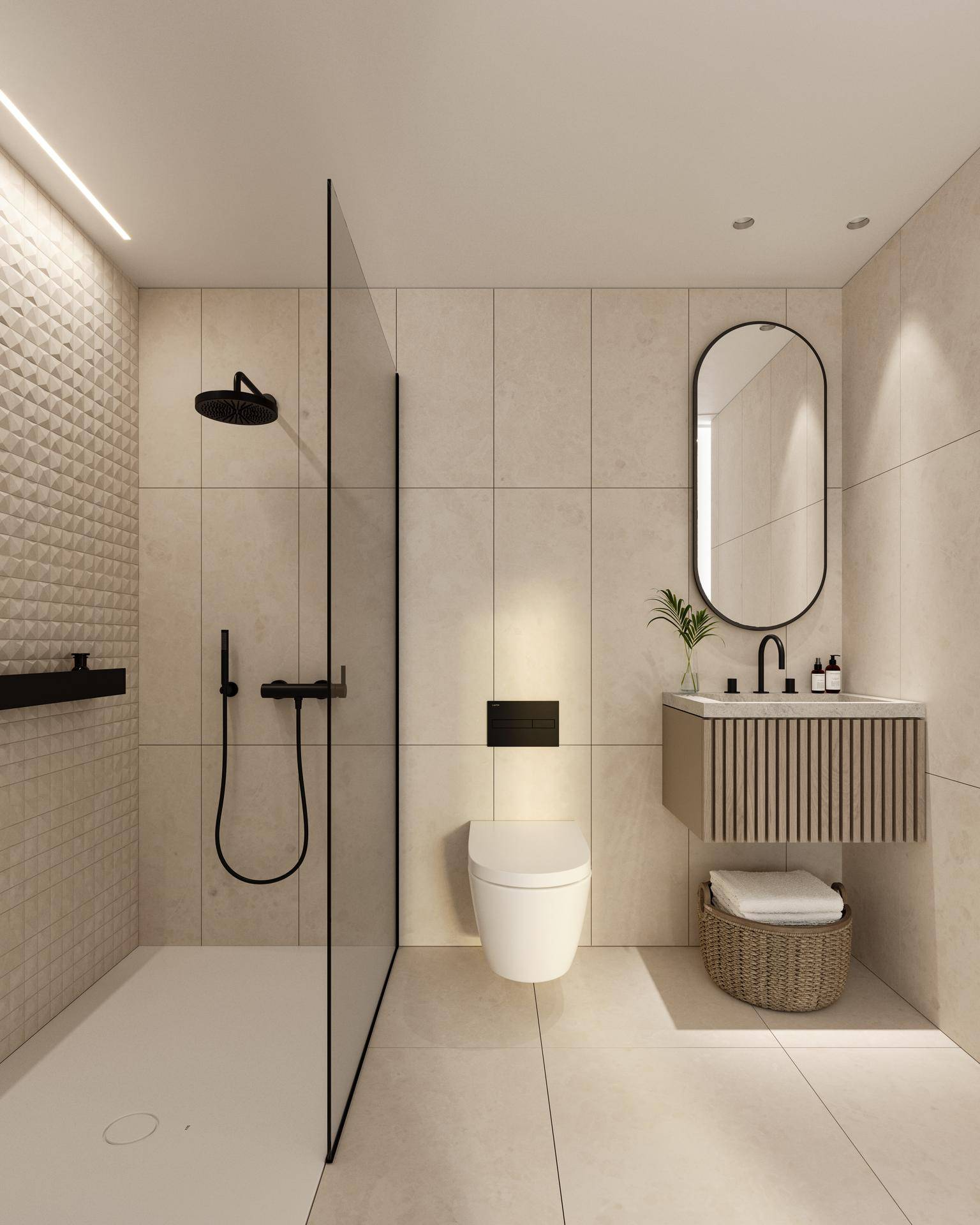 Modernes Badezimmer mit begehbarer Dusche, Wand-WC und elegantem Waschtisch.