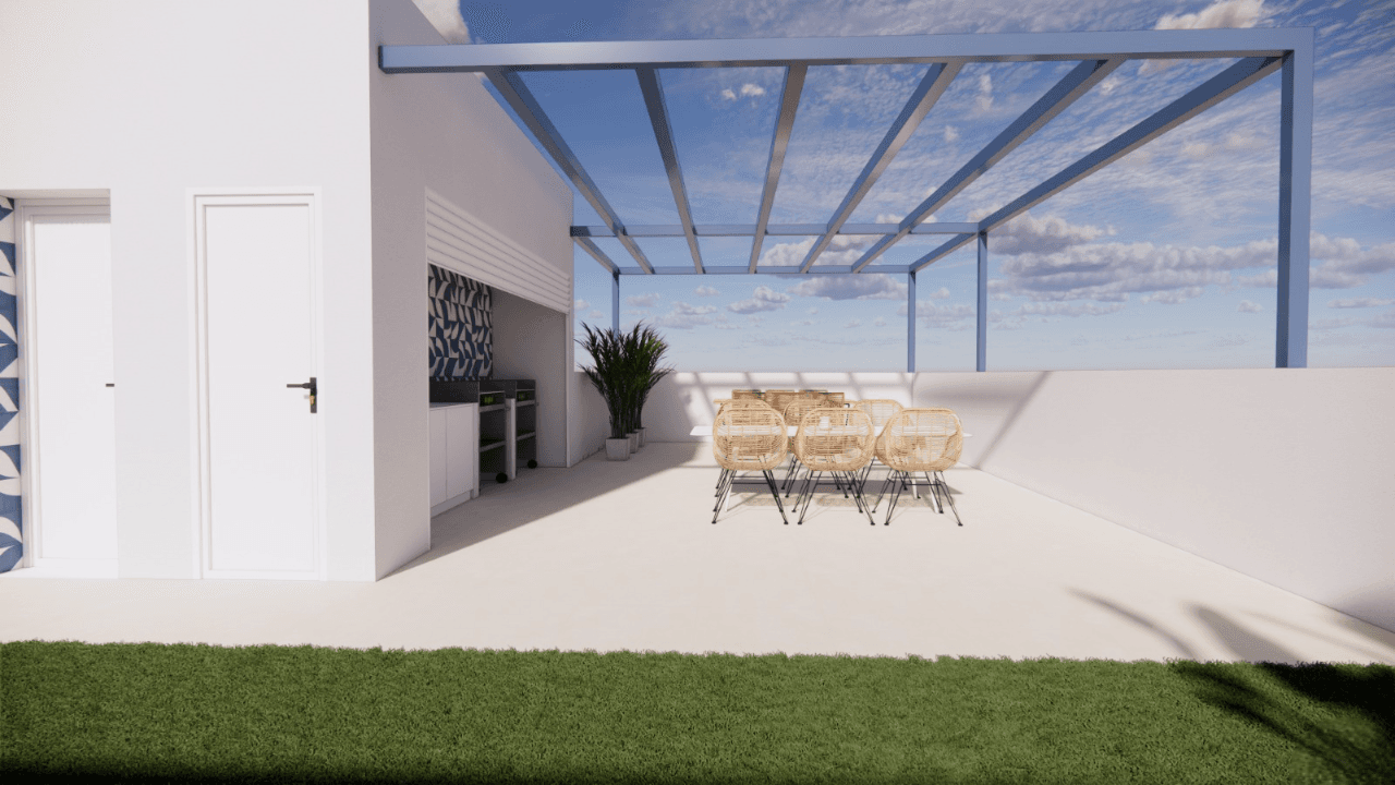 Geräumige Dachterrasse mit Pergola, Essbereich und Rasenfläche.