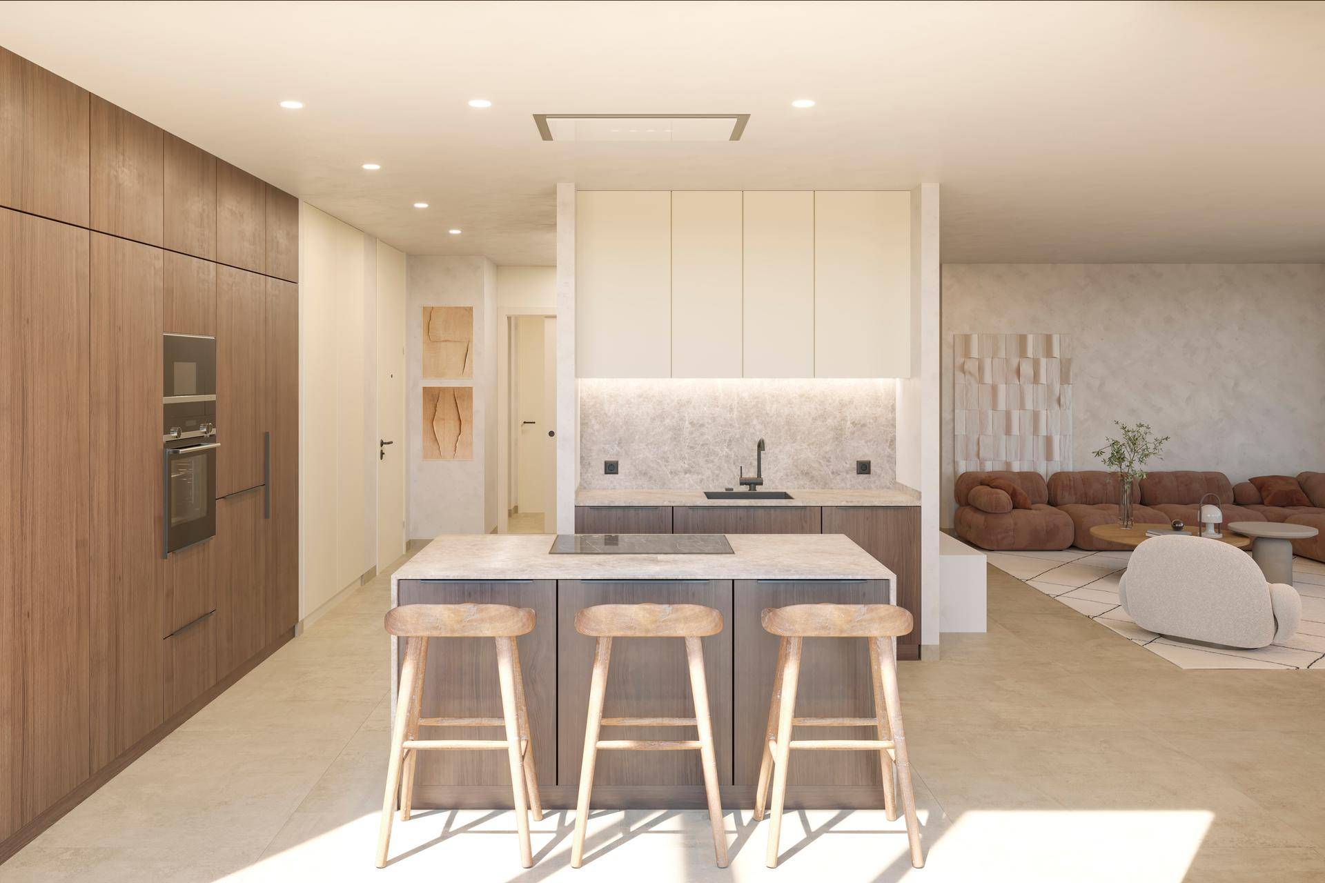 Modernes Badezimmer mit begehbarer Dusche, Doppelwaschbecken und elegantem Holzwaschtisch.