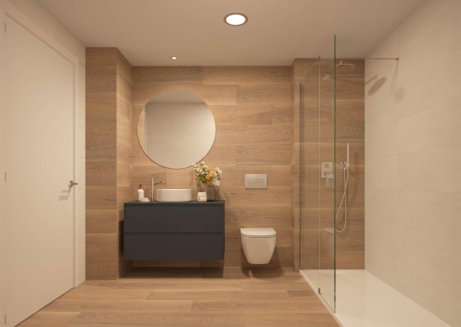 Modernes Badezimmer mit Holzoptik-Fliesen, wandhängendem WC und begehbarer Dusche.