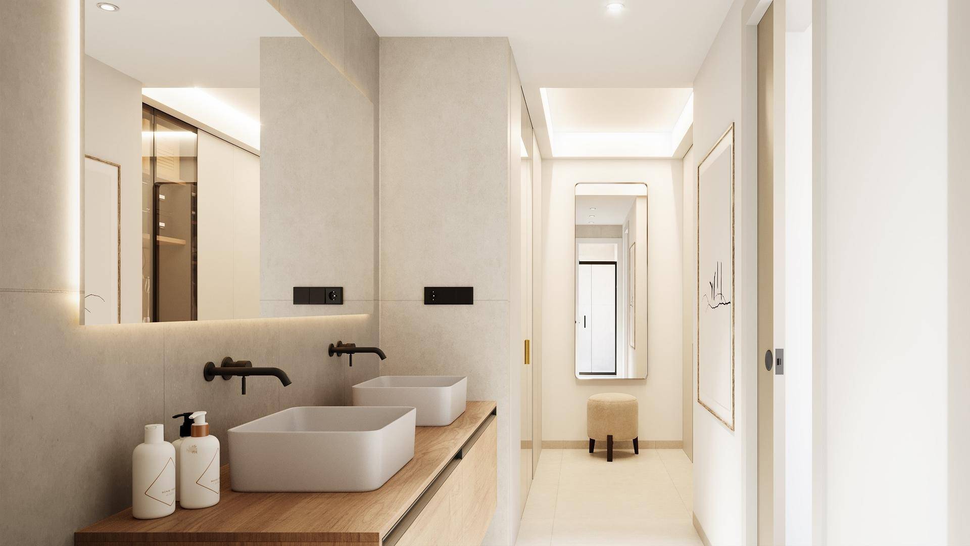 Modernes Badezimmer mit Doppelwaschbecken und Blick in einen hellen Flur mit Spiegel.
