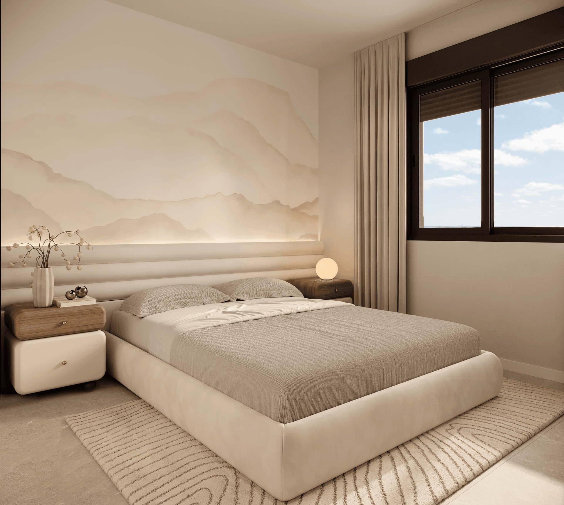Gemütliches Schlafzimmer mit großem Bett, Nachttischen und einer dezenten Wandgestaltung mit Bergmotiv.