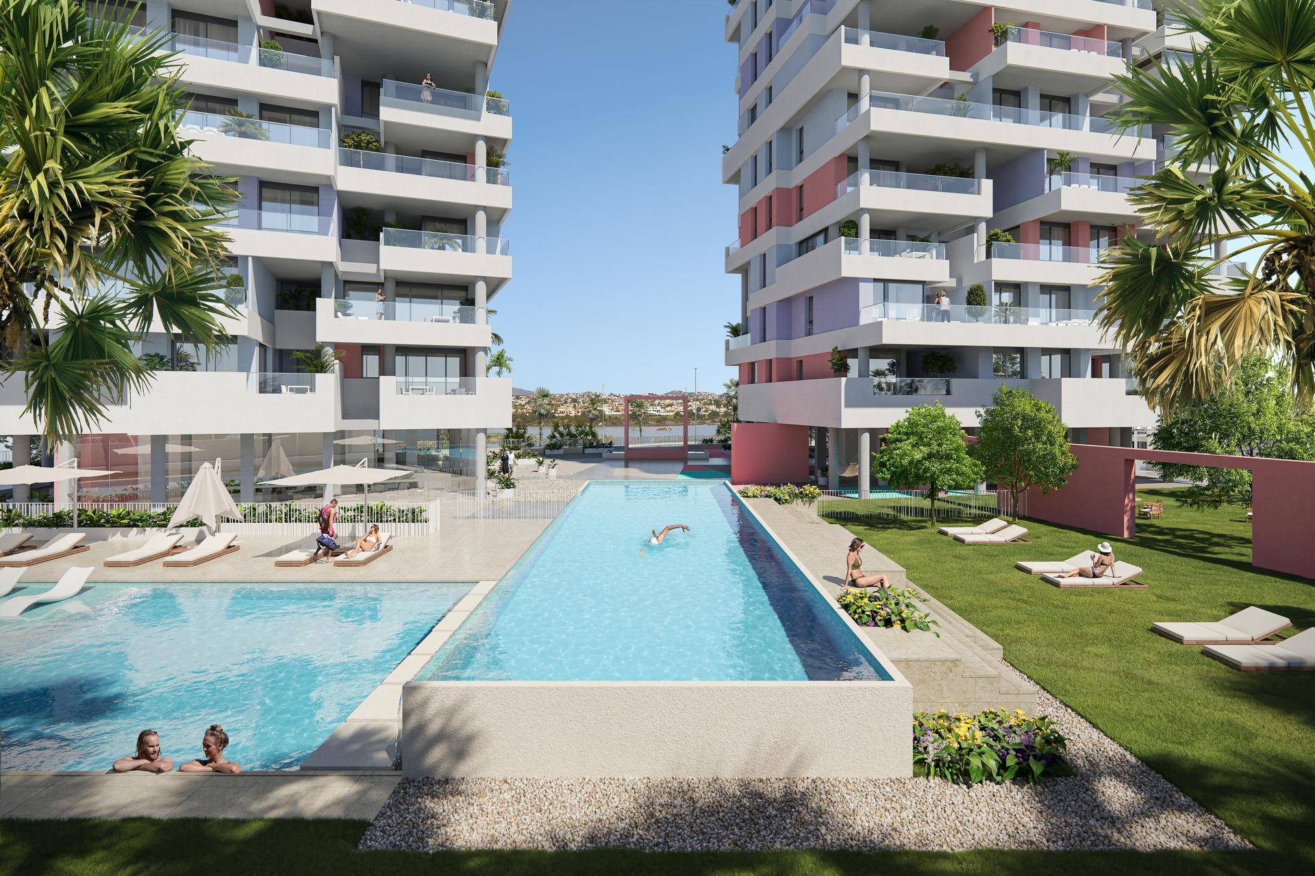 Visualisierung der modernen Wohnanlage mit zwei Türmen und weitläufiger Poollandschaft.