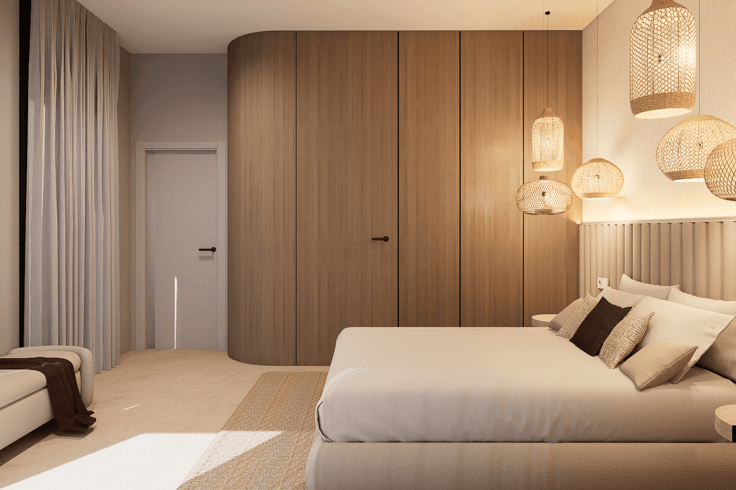 Modernes Schlafzimmer mit großem Bett, integrierten Holzschränken und stilvollen Hängelampen.
