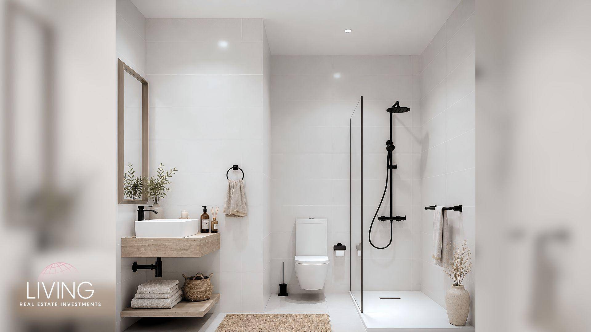 Modernes Badezimmer mit ebenerdiger Dusche, schwebendem Waschtisch und schwarzen Armaturen.