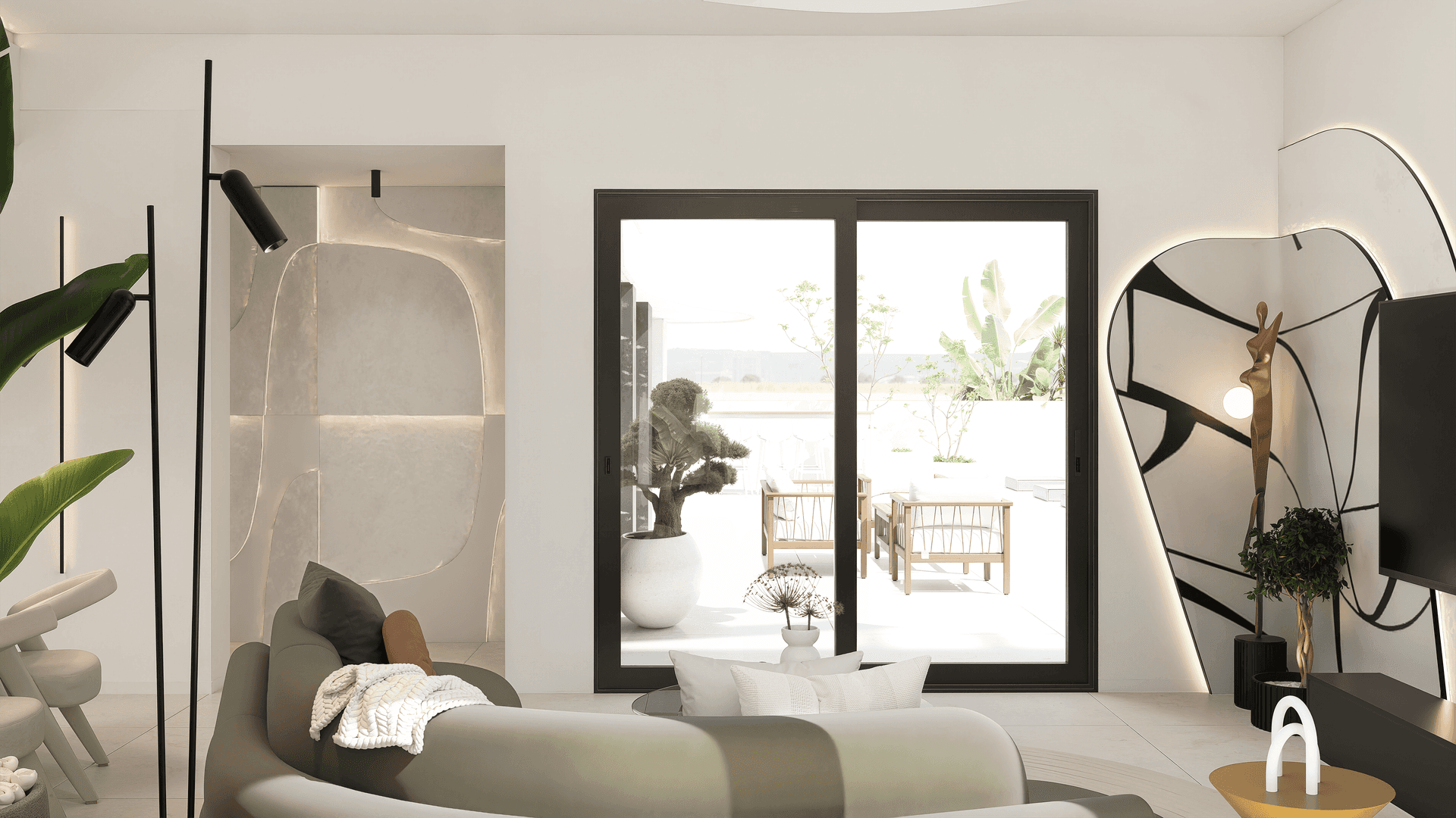 Modernes Wohnzimmer mit stilvoller Dekoration, großen Schiebetüren und Zugang zur Terrasse.