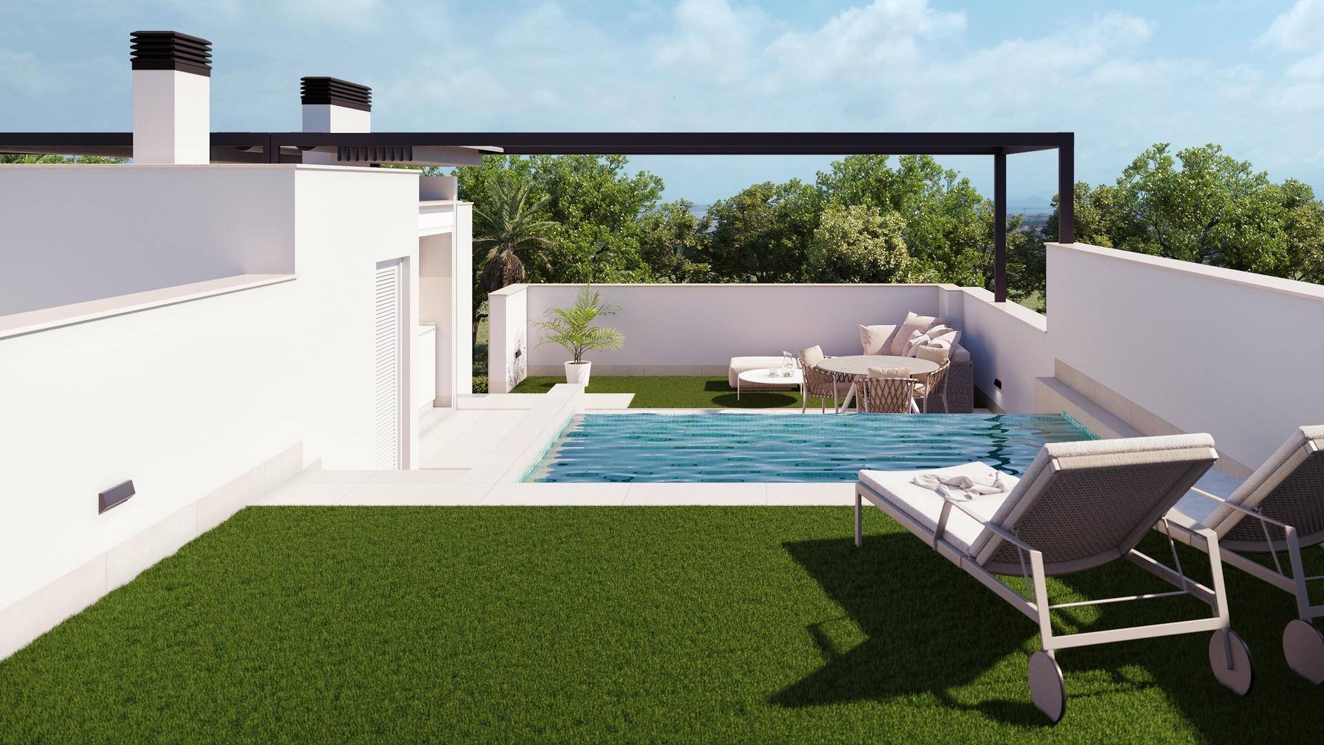 Sonnige Dachterrasse mit Pool, Liegestühlen und weitem Blick auf die grüne Umgebung.