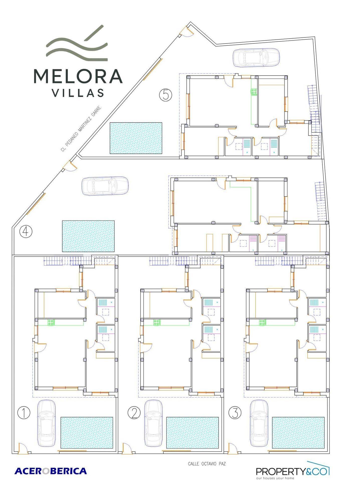 Gesamtgrundriss der Melora Villas mit individuellen Einheiten, Parkplätzen und privaten Pools.