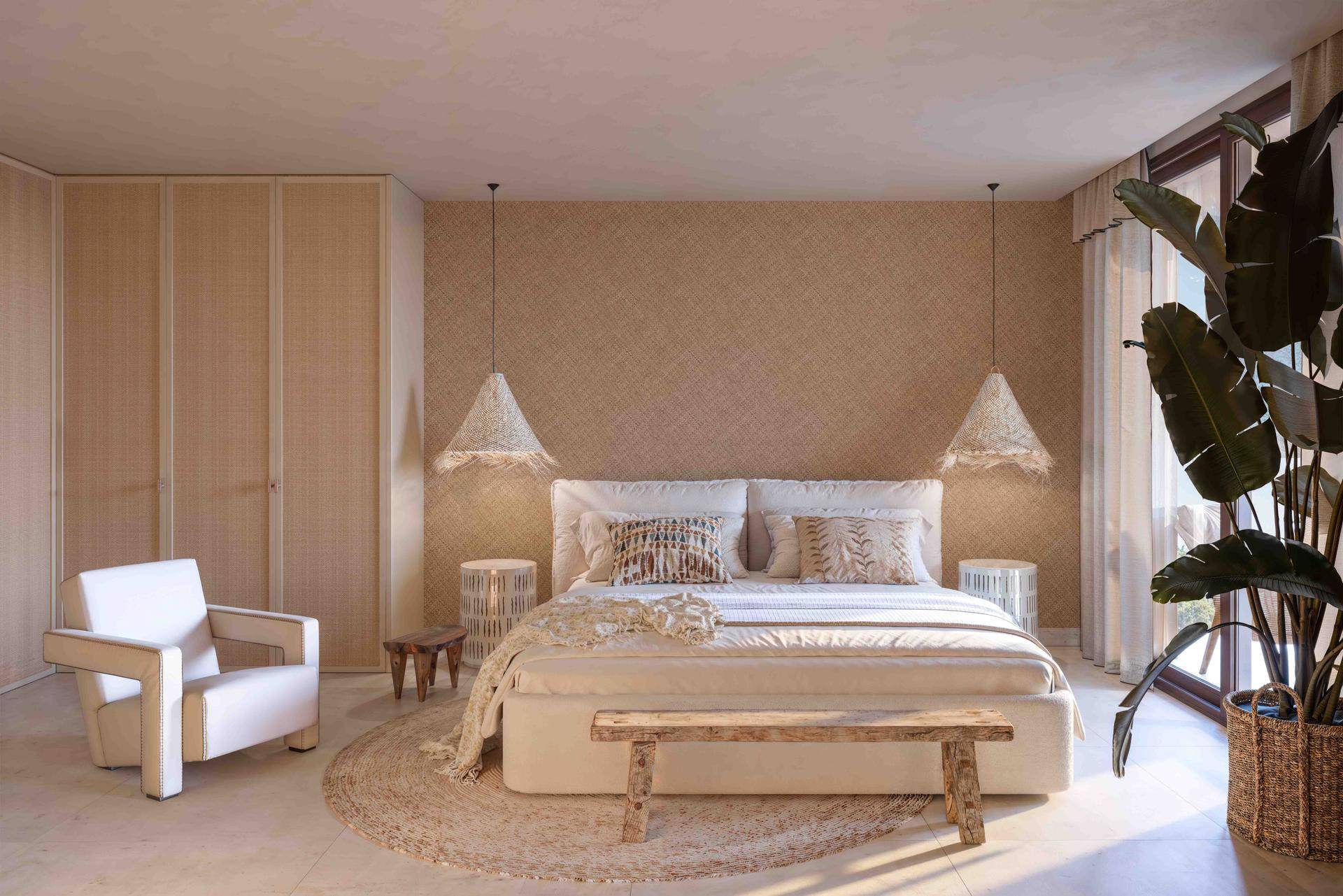Gemütliches Schlafzimmer mit Doppelbett, integrierten Schränken und natürlicher Dekoration.