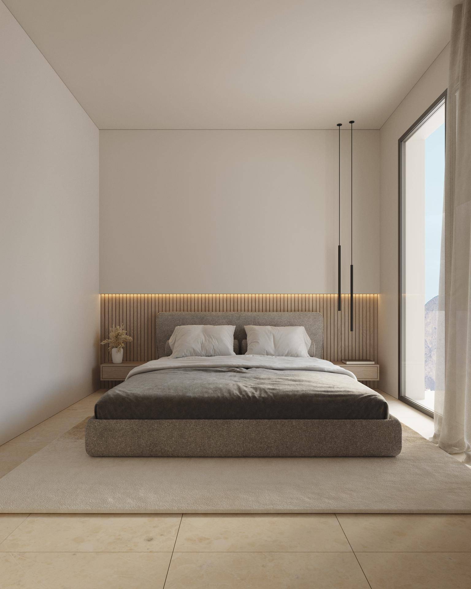 Helles Schlafzimmer mit großem Fenster, modernem Bett und minimalistischer Einrichtung.
