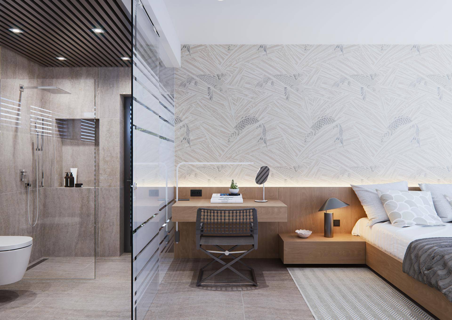 Elegantes Schlafzimmer mit integriertem Badezimmer, begehbarer Dusche und stilvoller Einrichtung.
