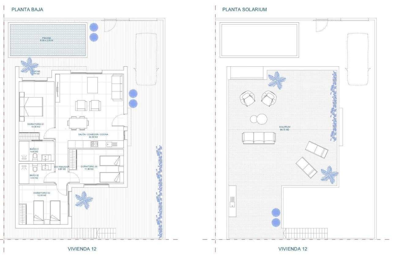 Detaillierter Grundriss der Wohneinheit 12 mit Erdgeschoss und Solarium auf dem Dach.