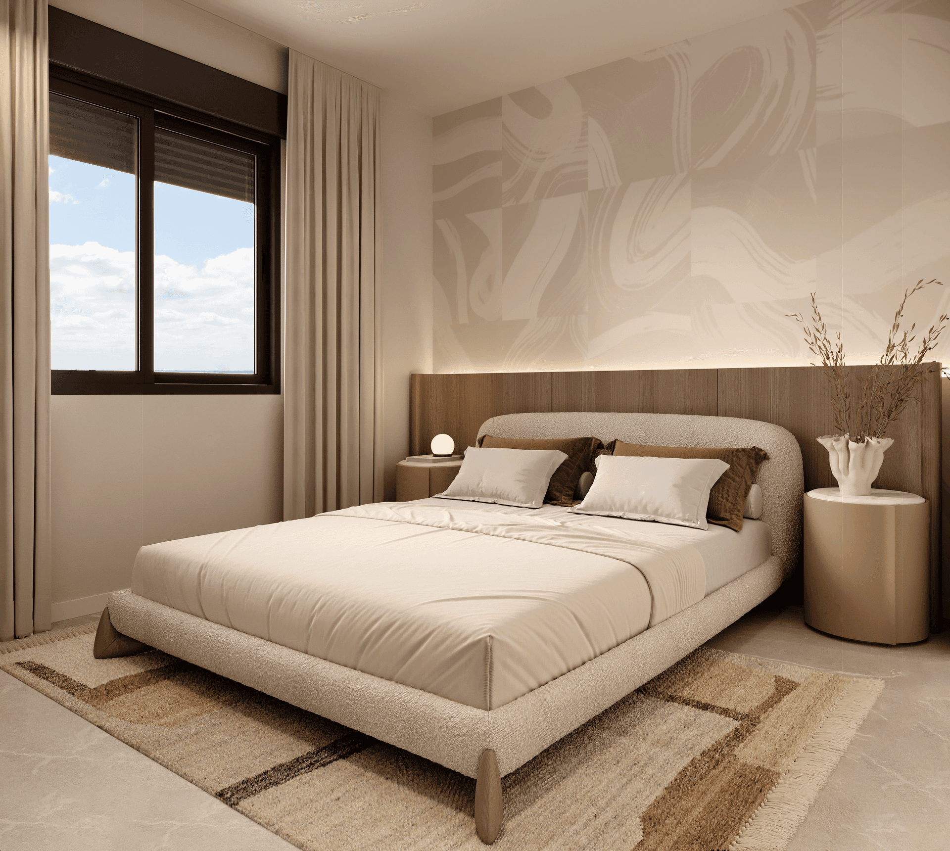 Modernes Schlafzimmer mit Doppelbett, stilvoller Wandgestaltung und großem Fenster.