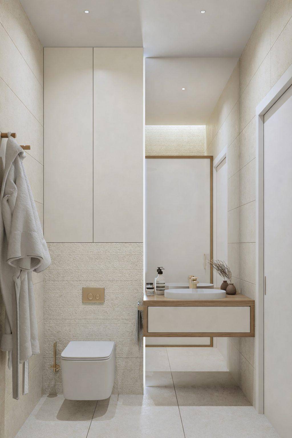 Modernes Badezimmer mit wandhängendem WC, Waschtisch und integrierten Wandschränken.
