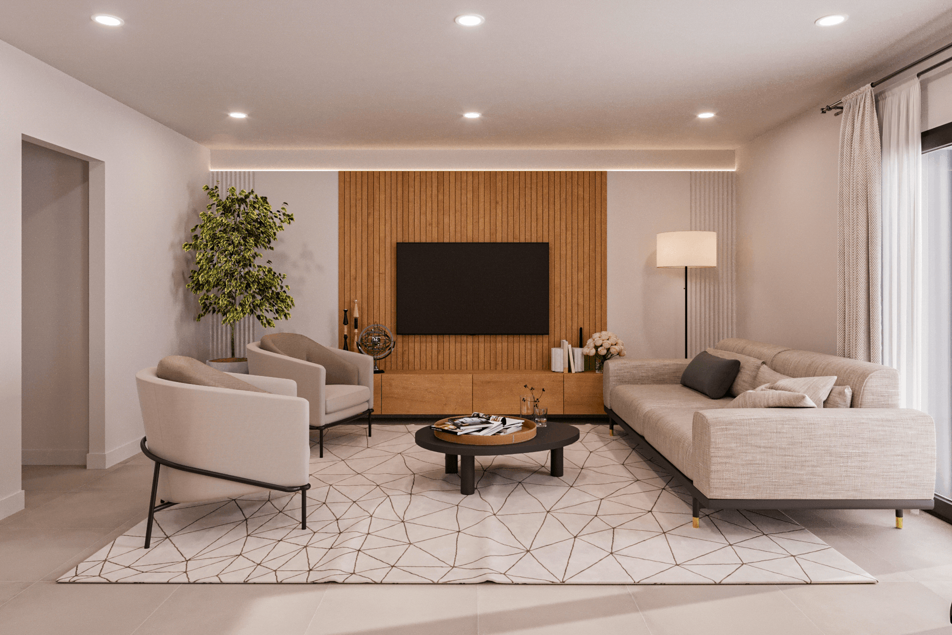 Helles Wohnzimmer mit modernem Design, bequemen Sofas, Holzakzenten und großem Fenster.