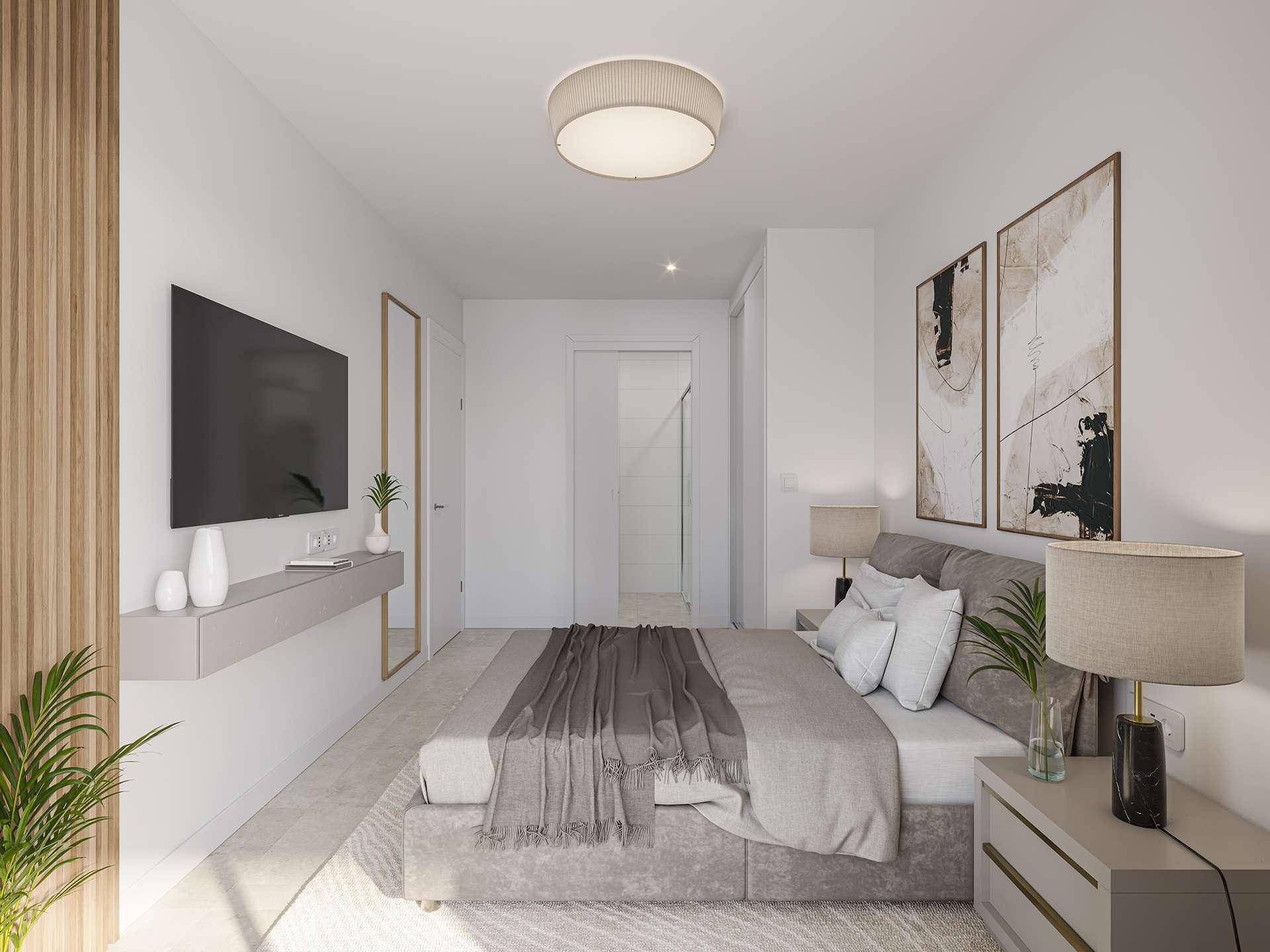 Modernes Schlafzimmer mit großem Bett, stilvollen Nachttischen und einem wandmontierten Fernseher.
