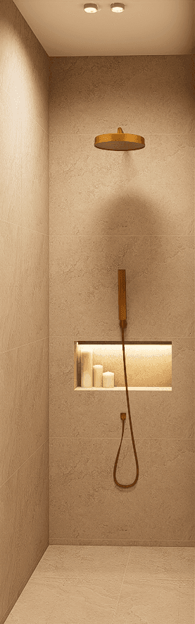 Moderne Duschkabine mit Regendusche, Handbrause und praktischer Nische für Pflegeprodukte.