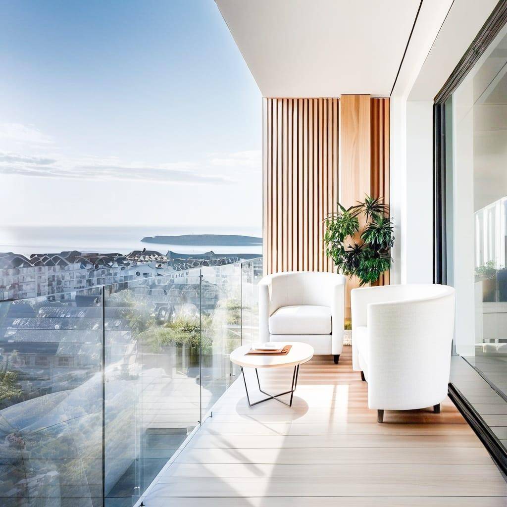 Heller Balkon mit Meerblick, Glasgeländer und modernen Sitzmöbeln für entspannte Stunden.