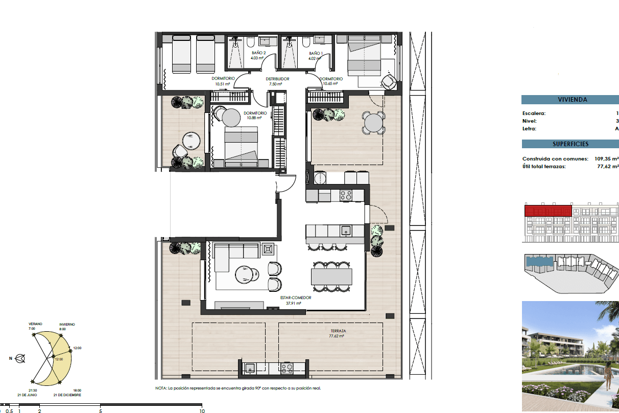 Detaillierter Grundriss einer Wohnung mit offenem Wohnbereich und großer Terrasse.