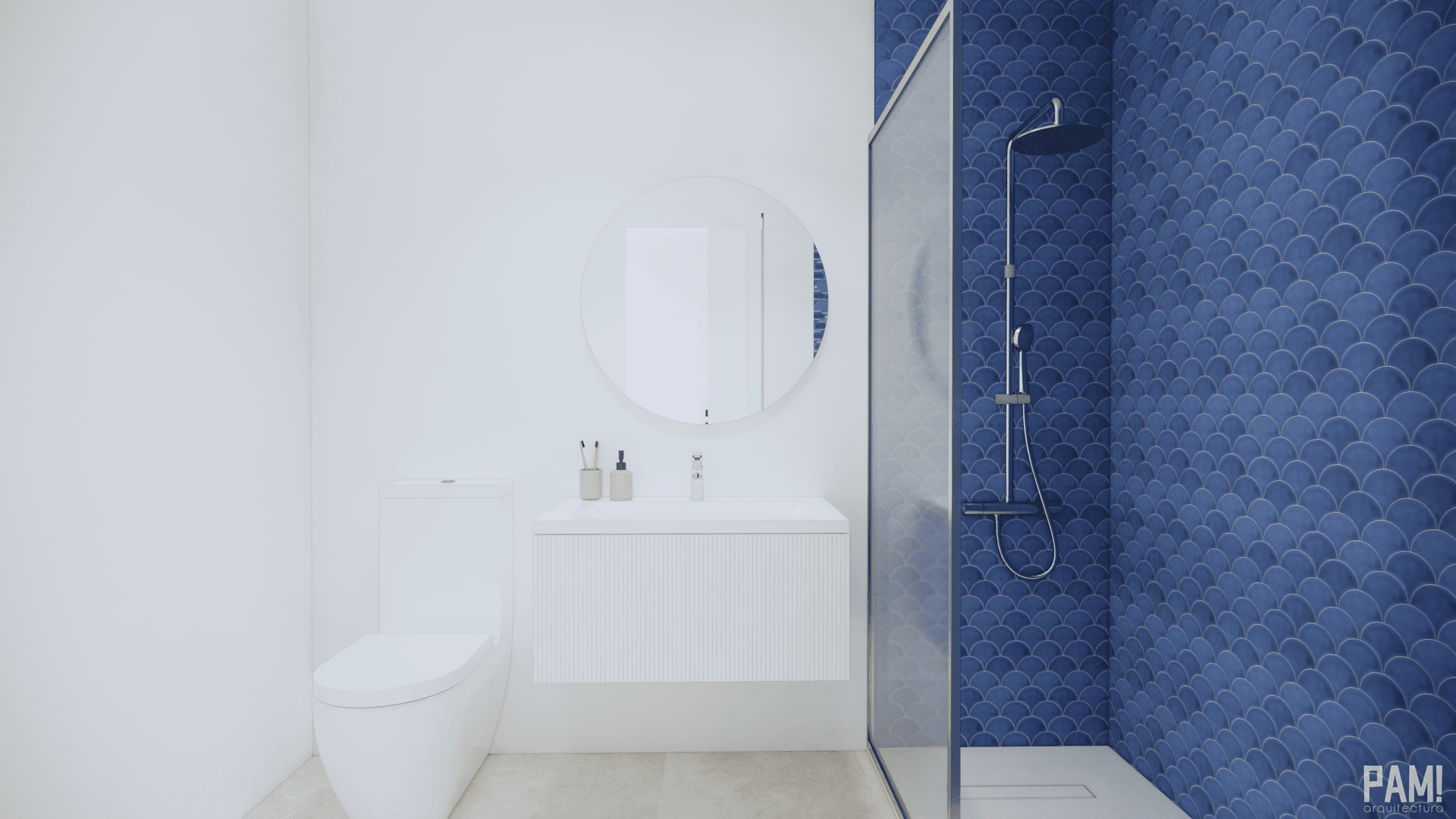 Modernes Badezimmer mit Duschkabine, runden Spiegel und blauen Schuppenfliesen.