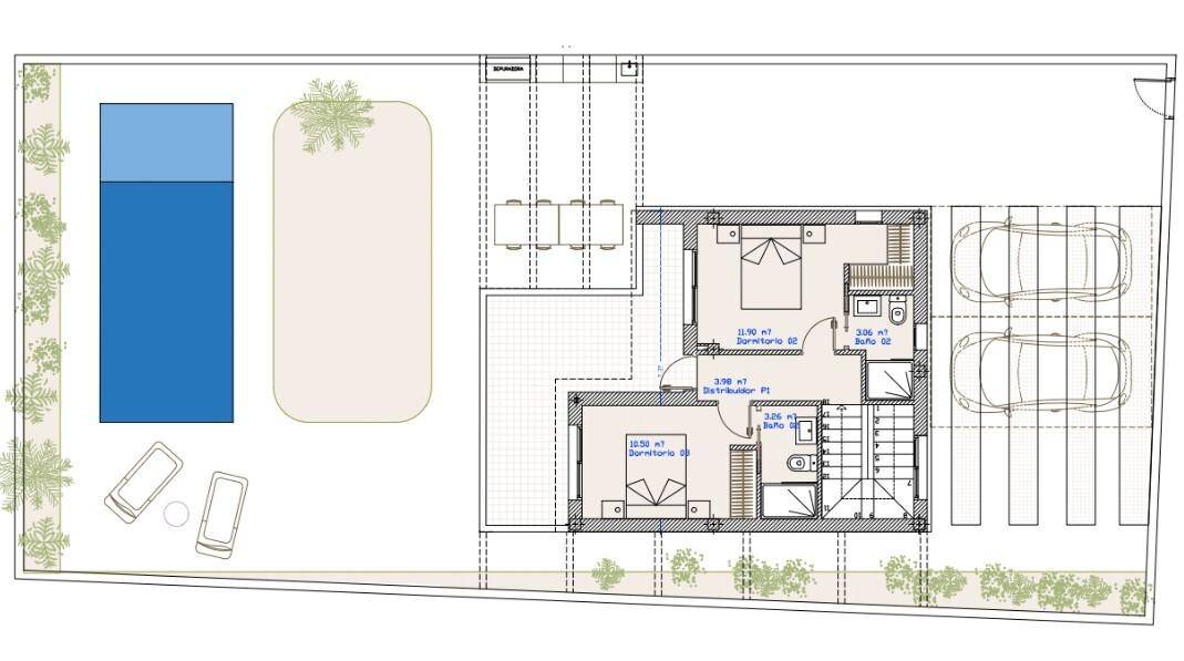 Grundriss des Obergeschosses mit zwei Schlafzimmern, zwei Bädern, Balkonzugang und Ankleidezimmer.