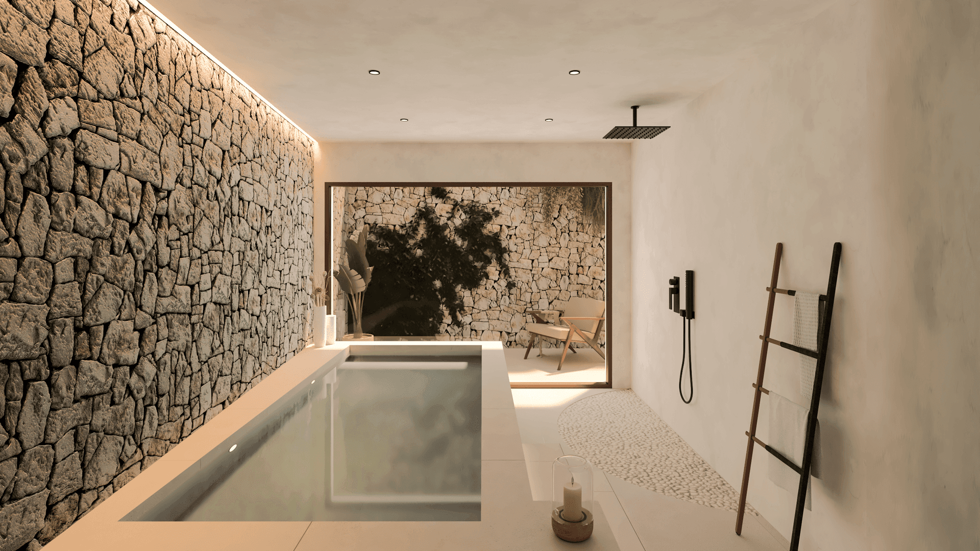 Exklusiver Wellnessbereich mit kleinem Innenpool, Steinwand und Blick ins Grüne.
