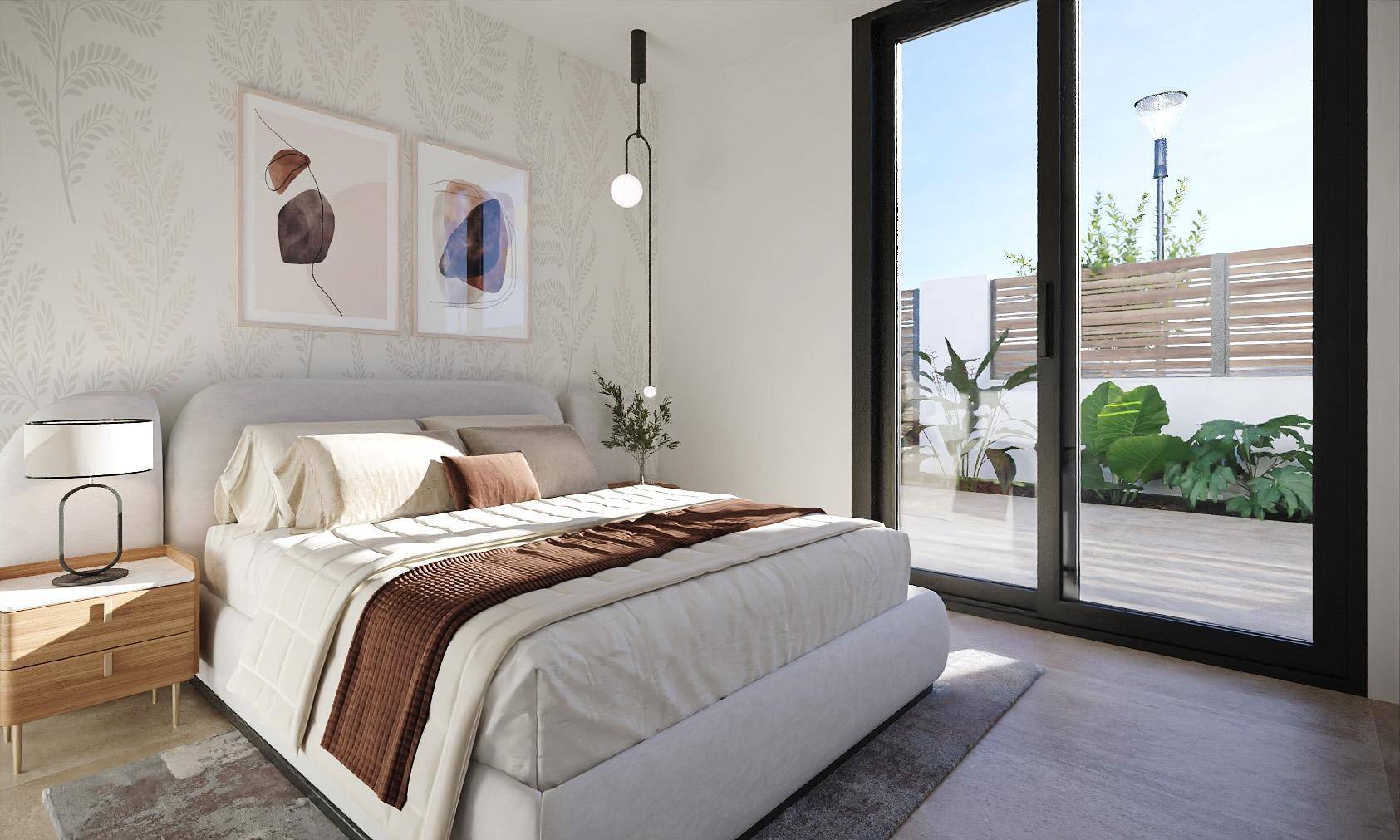Helles Schlafzimmer mit modernem Bett, stilvoller Tapete und Zugang zu einer privaten Terrasse.