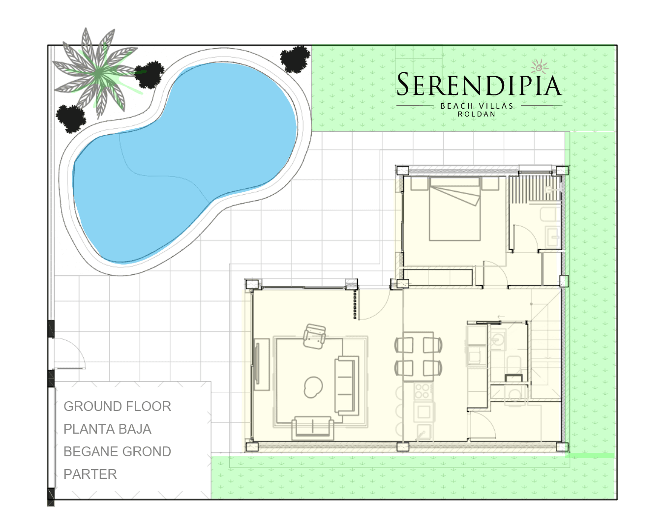 Grundriss des Erdgeschosses mit offenem Wohnbereich, Küche und Pool im Außenbereich.