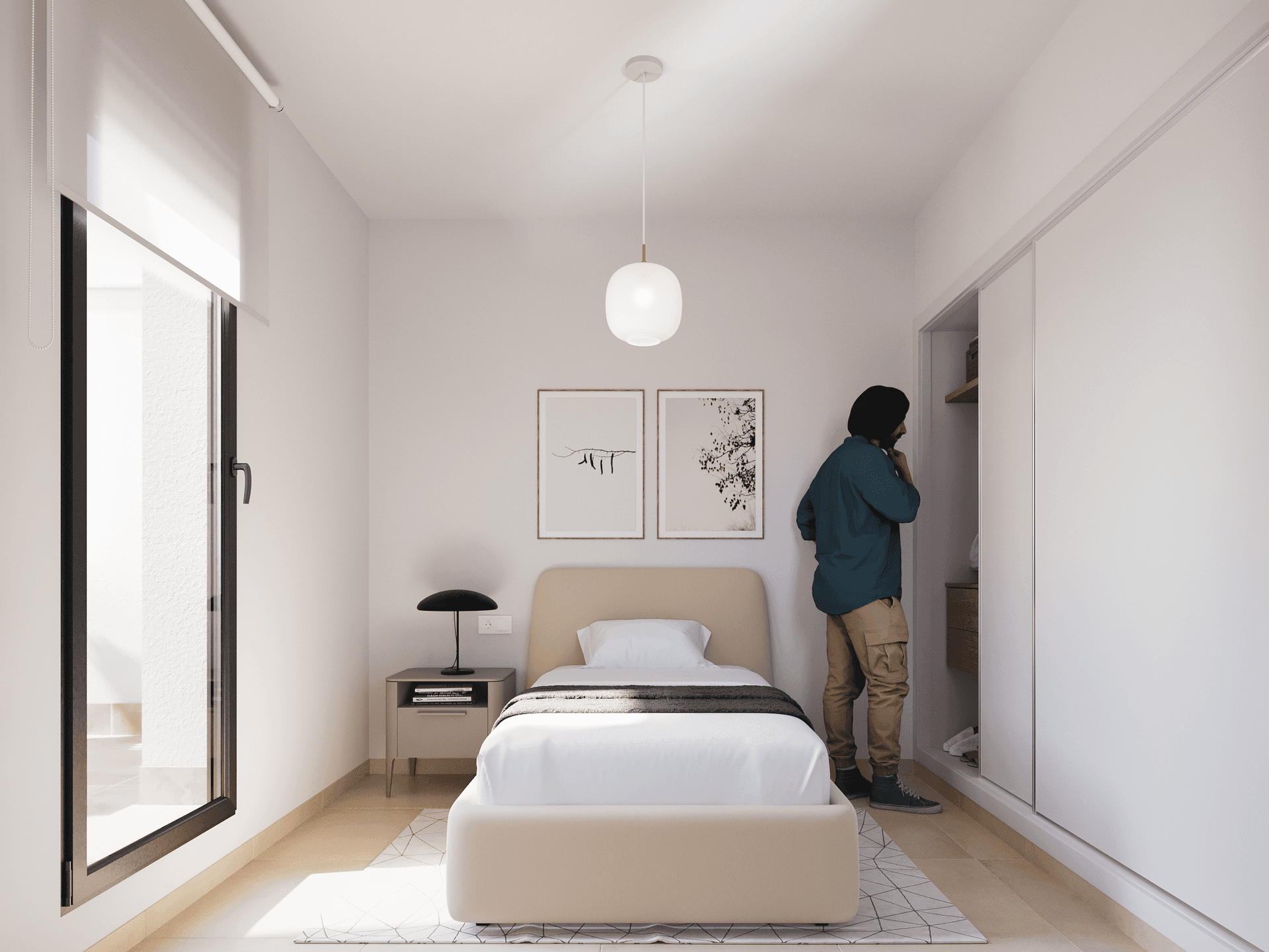 Schlafzimmer mit Einzelbett, Einbauschrank und großem Fenster für viel Tageslicht.