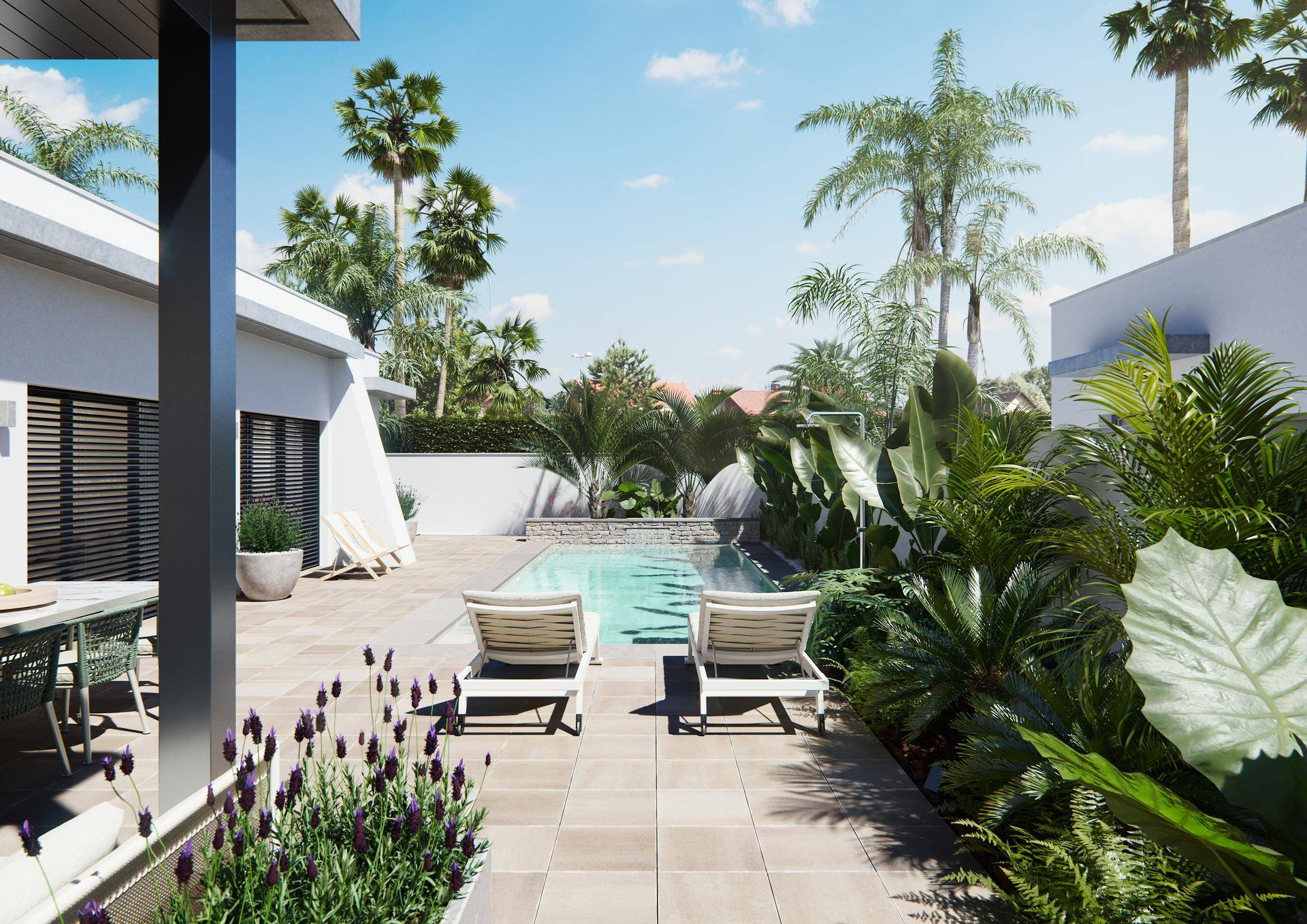 Mediterraner Garten mit Pool, Sonnenliegen und üppiger Vegetation unter strahlendem Himmel.