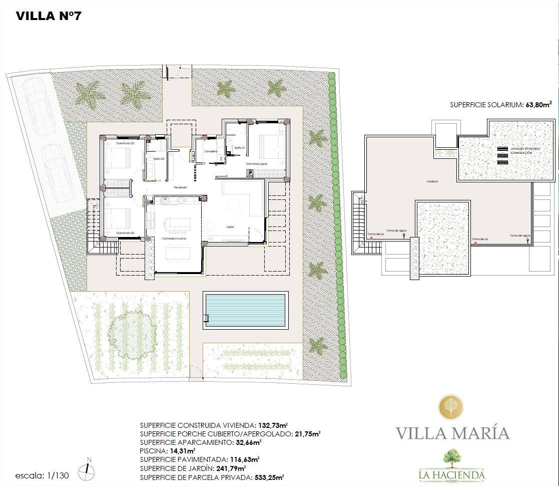 Detaillierter Grundriss der Villa N°7 mit zwei Ebenen, Pool und Dachterrasse.