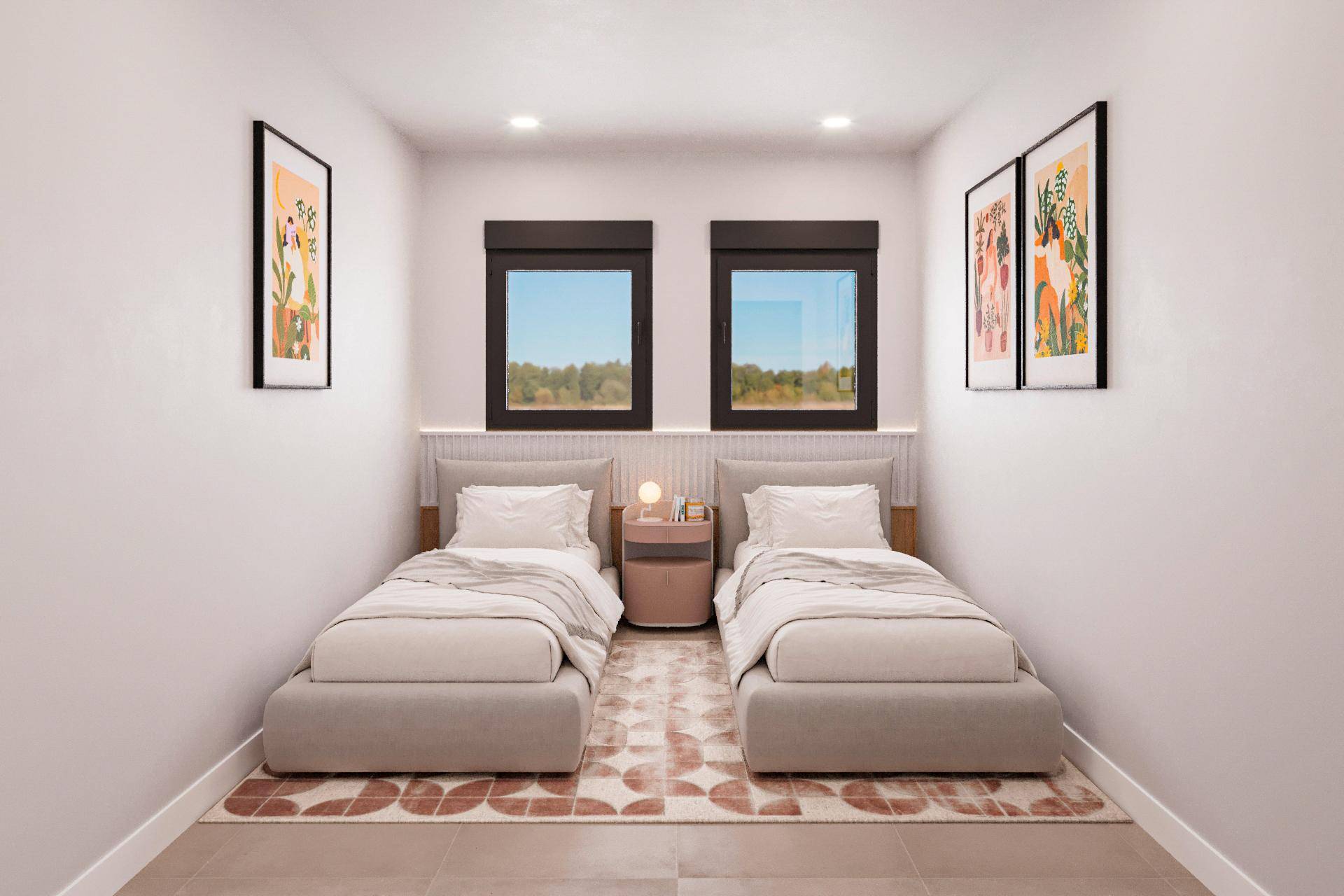 Helles Schlafzimmer mit zwei Einzelbetten, modernen Kunstwerken, großen Fenstern und Rollläden.