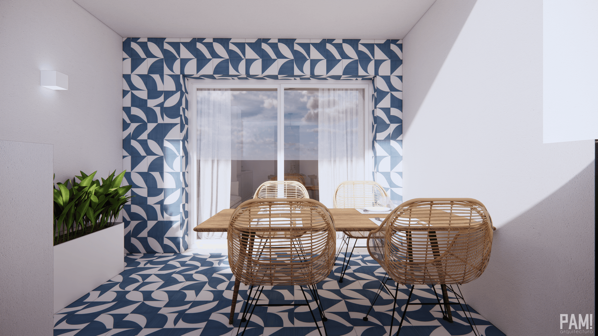 Gemütliche Terrasse mit Rattanmöbeln und auffälligen blauen Fliesen.