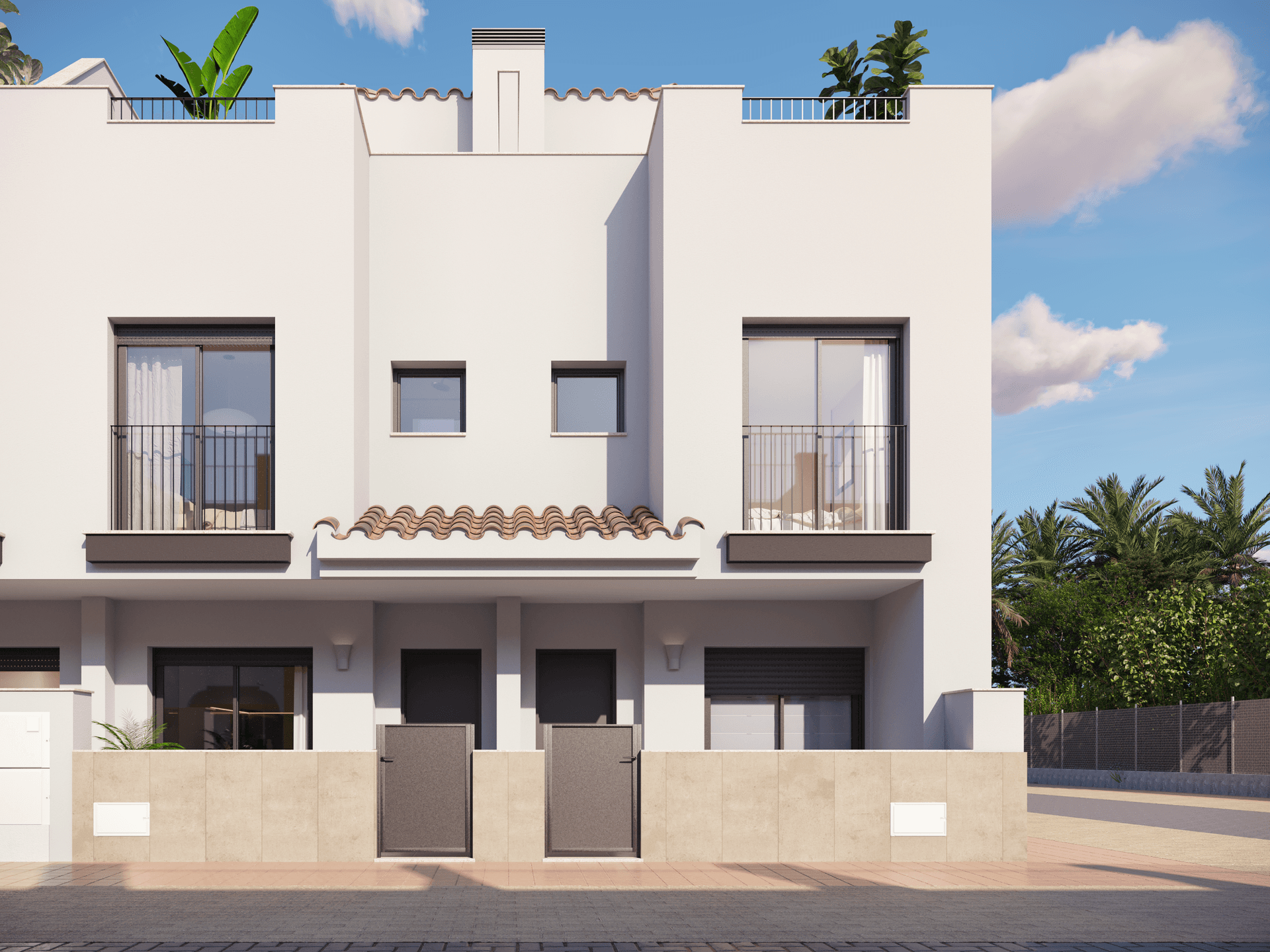 Moderne Reihenhausfassade mit weißen Wänden, kleinen Balkonen und mediterranen Akzenten.